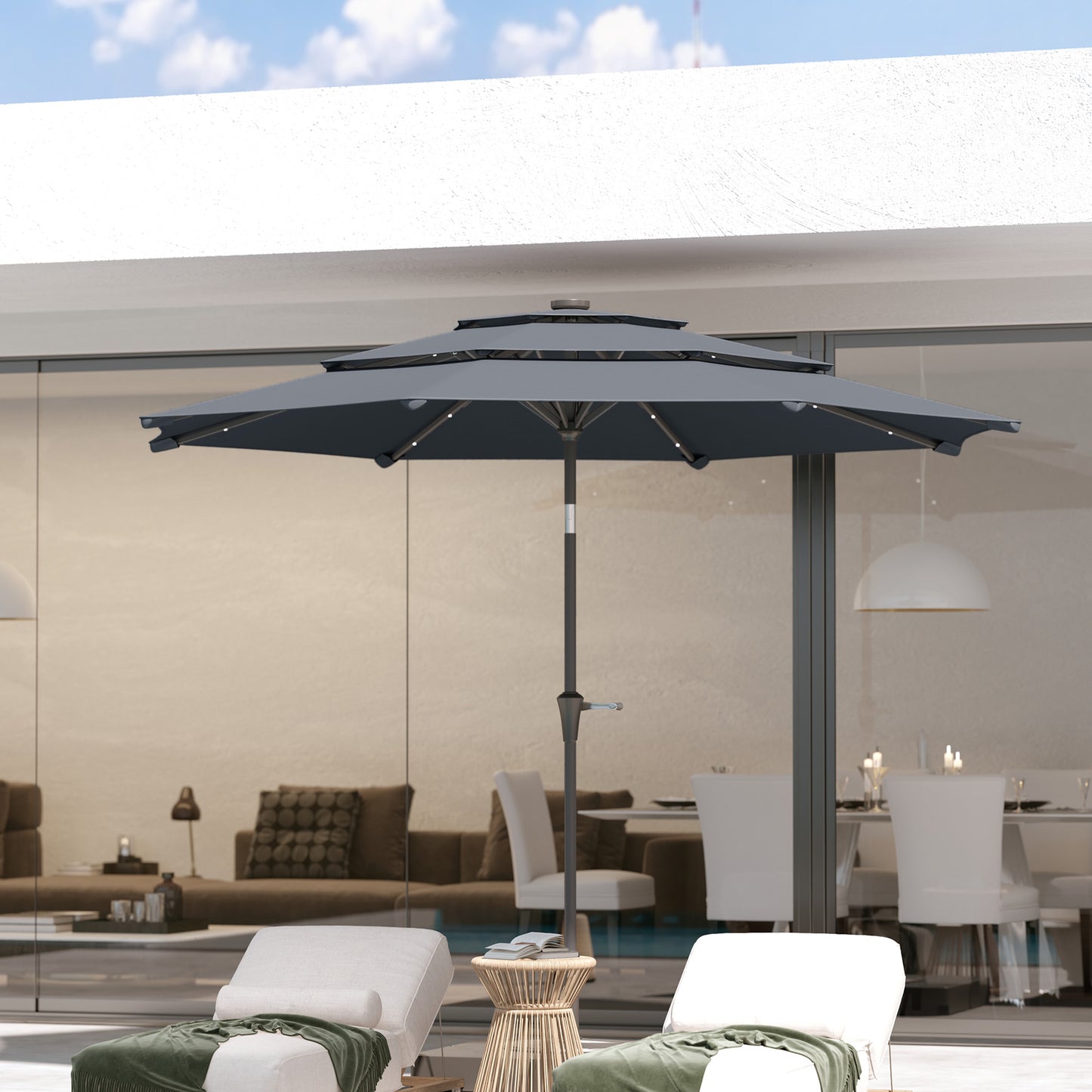 Outsunny 3-Tier Garden Parasol with Solar LED Lights, UPF 30+, Tilt Mechanism & Crank Handle, for Market Terrace, Dark Grey