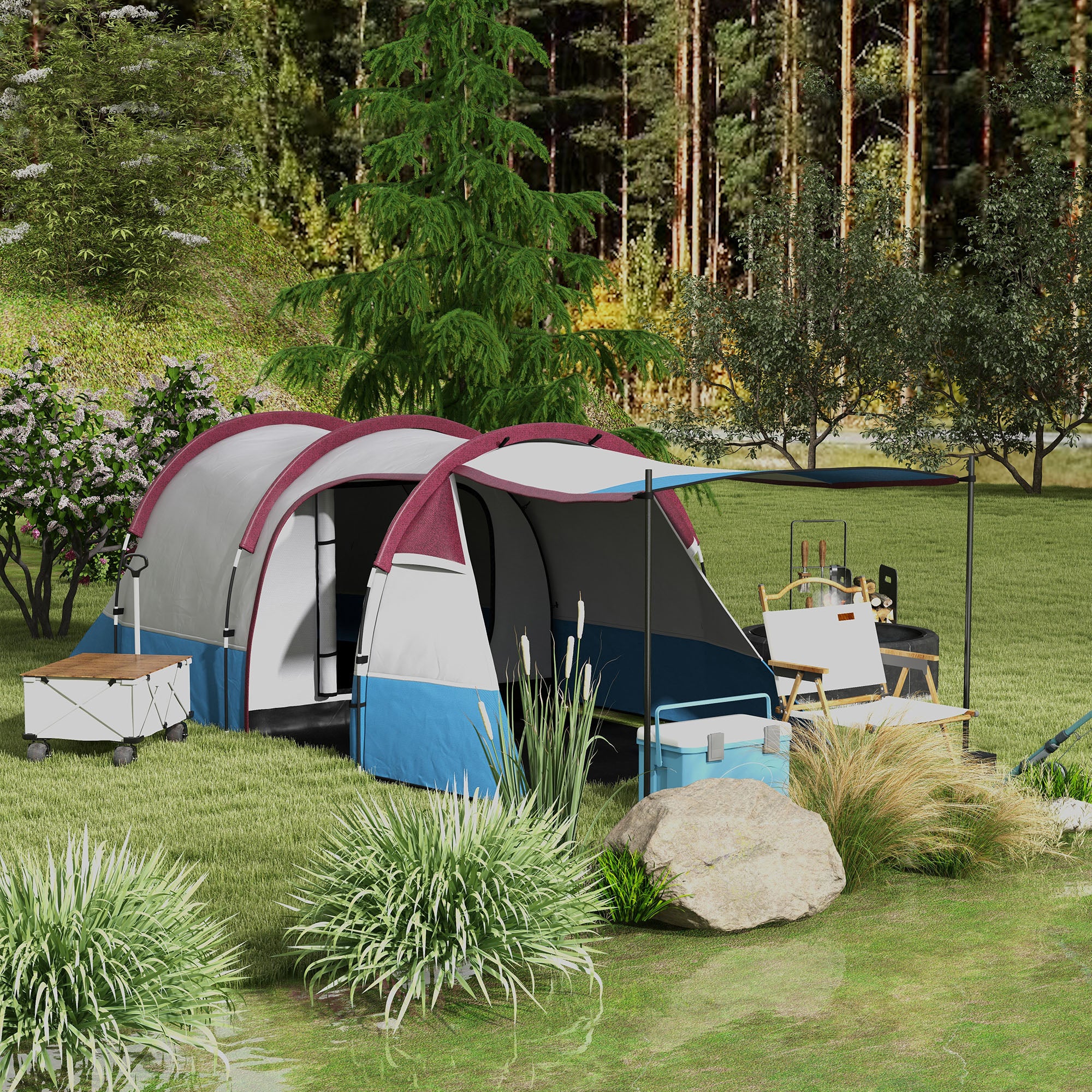 Outsunny Camping Tent, Large Tunnel Tent with Bedroom and Living