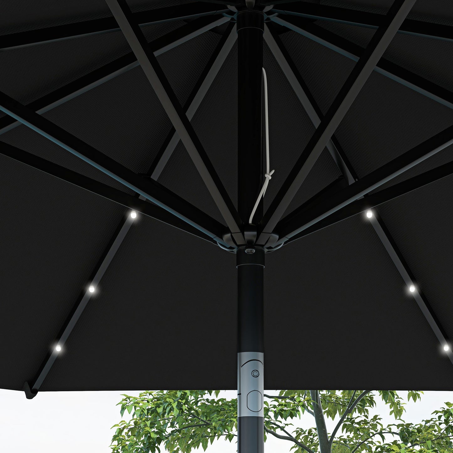 Outsunny ?2.7m Garden Parasol Solar Outdoor Tilt Sun Umbrella Patio Sun Shade w/ 24 LED Light, Hand Crank and 8 Ribs, Black