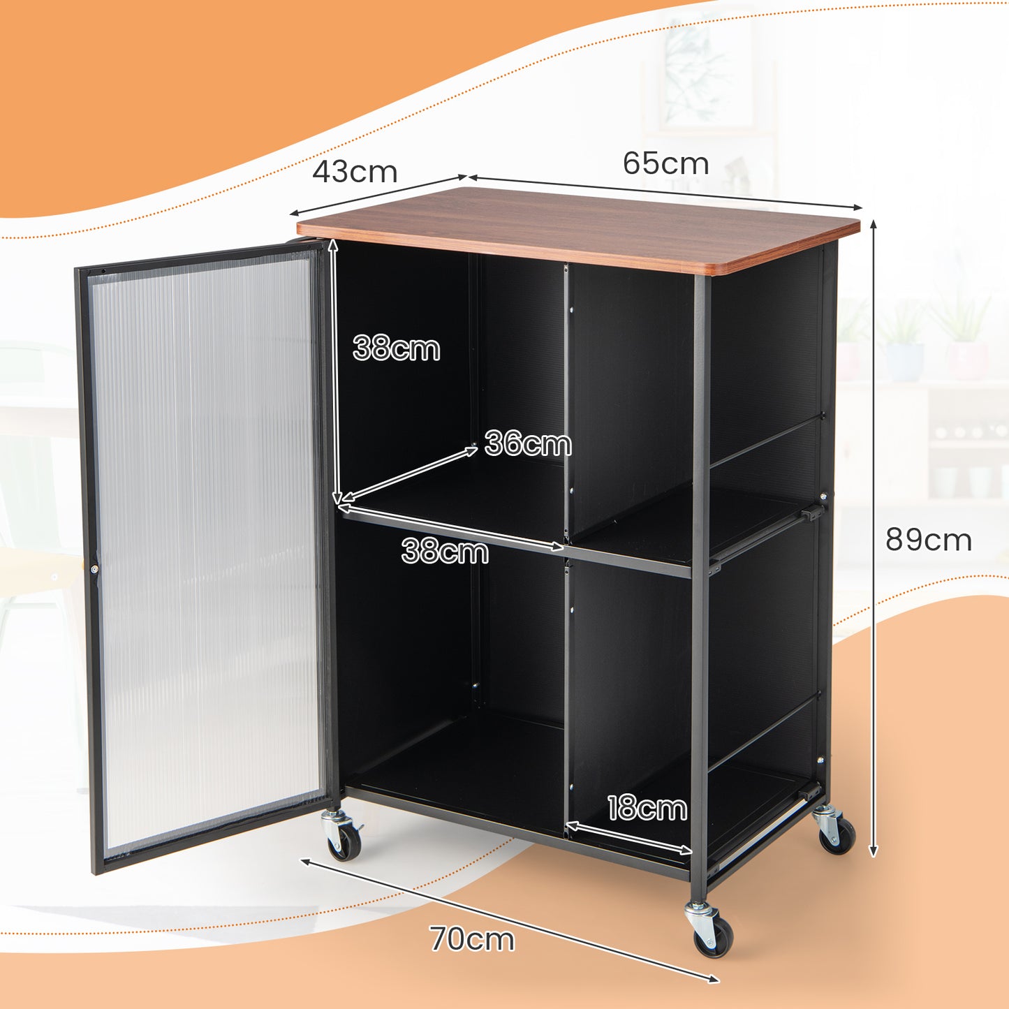 Mobile Serving Cart with Transparent Single Door Cabinet-Black