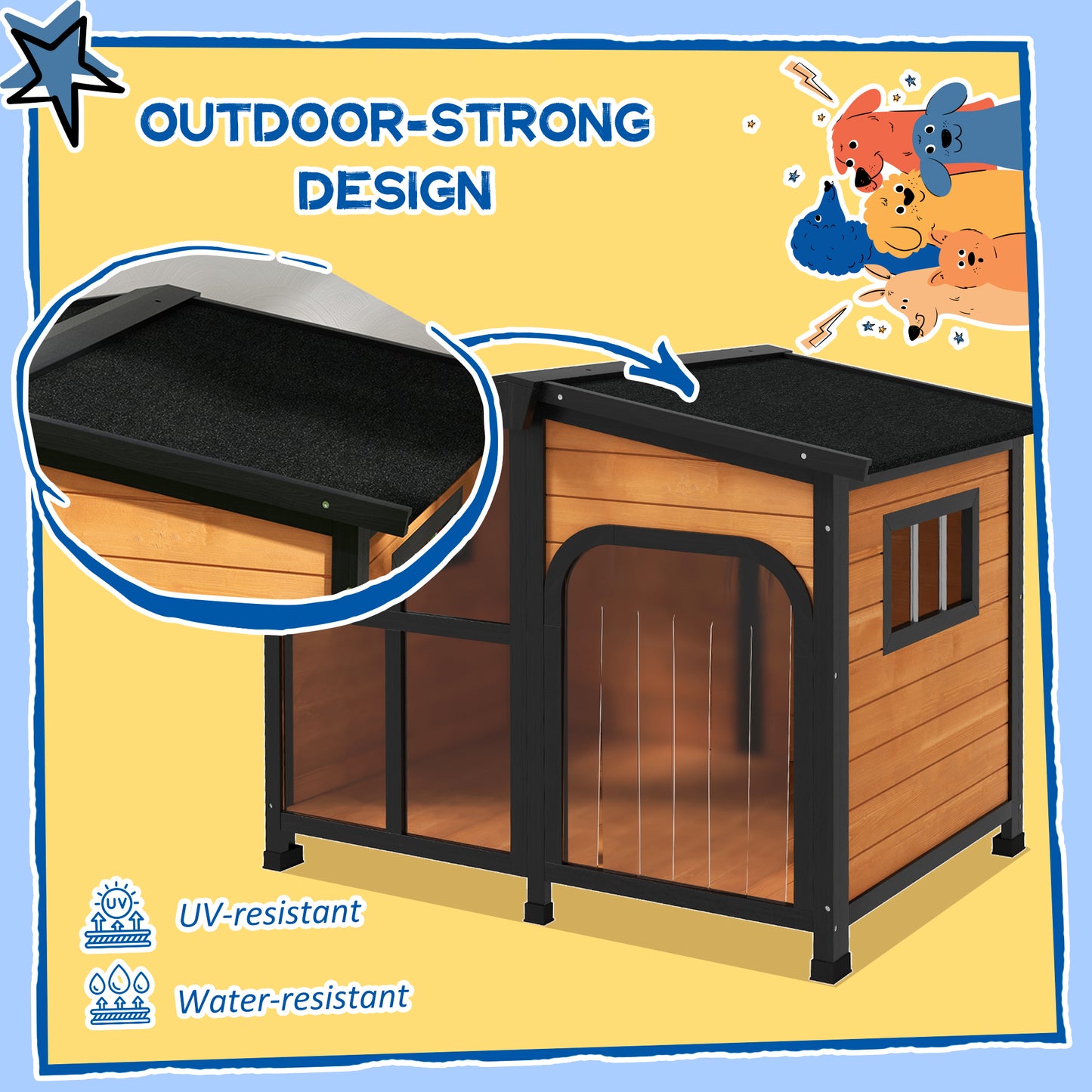 PawHut Wooden Dog Kennel with Removable Floor, Asphalt and Openable Roof, Large Window, for Large Dogs, Yellow