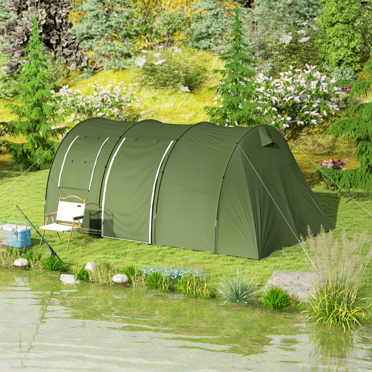 Outsunny 5-6 Man Camping Tent with 2 Room, Floor and Carry Bag - Green