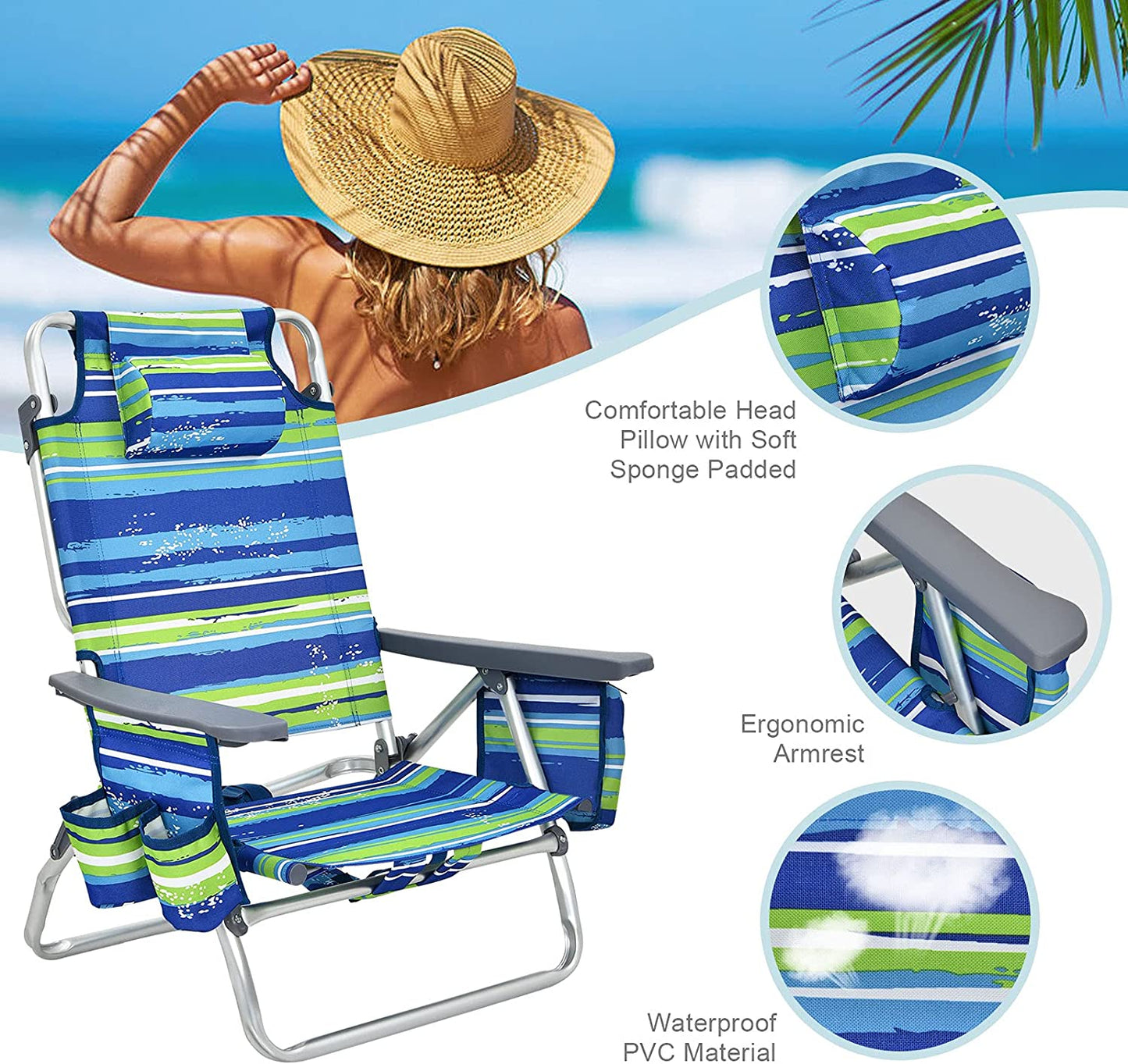 2 Packs 5-Position Outdoor Folding Backpack Beach Table and Reclining Chair Set-Blue