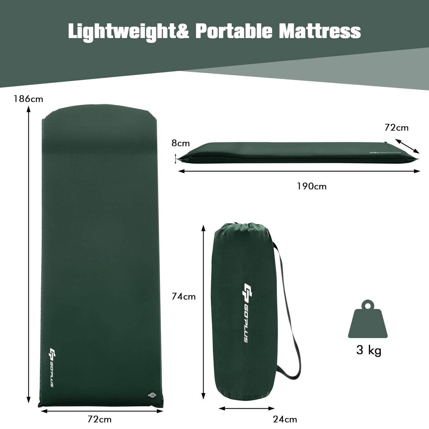 Self Inflating Waterproof Camping Mat with Built-in Valve and Carry Bag-Green