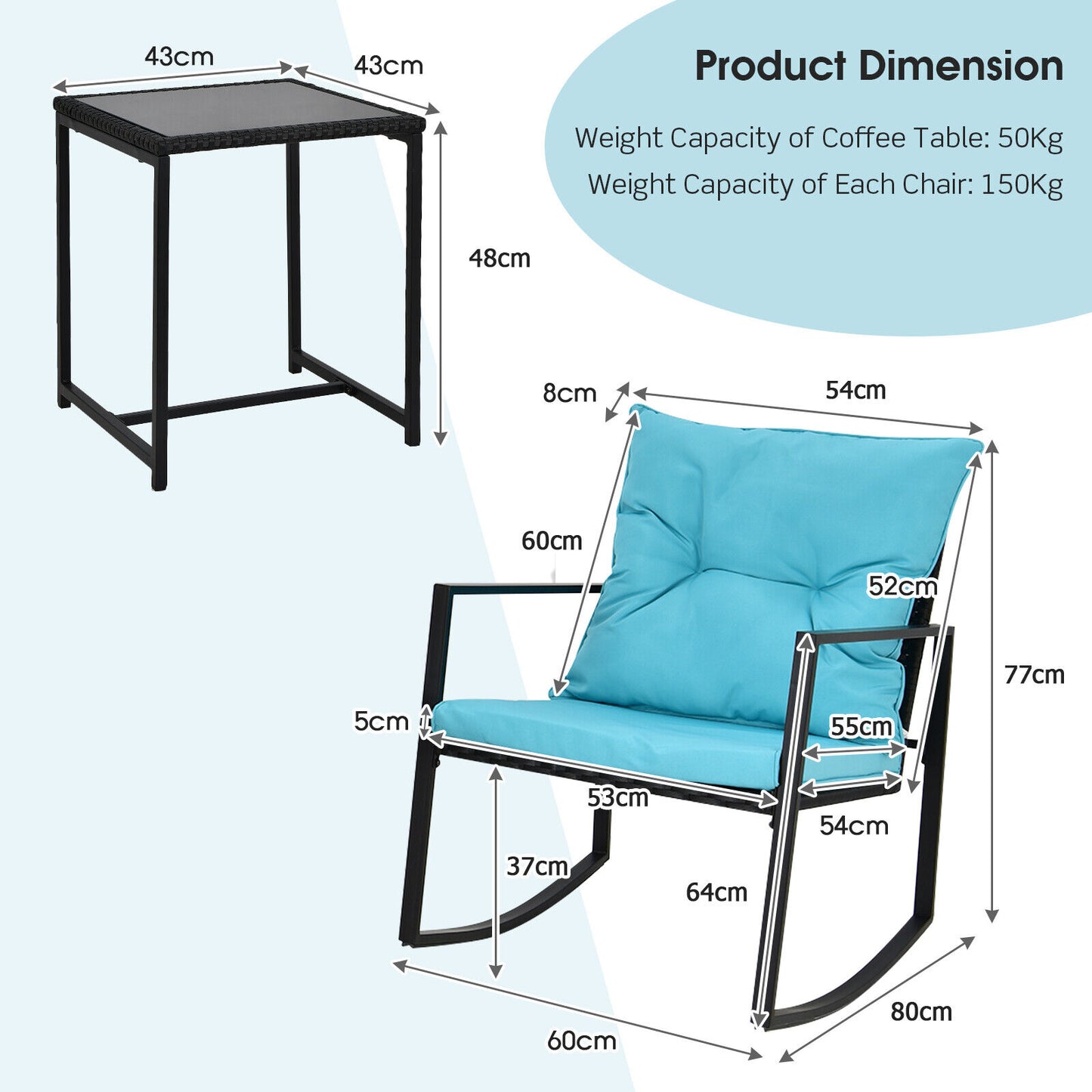 3 Pieces Rocking Chair and Glass Coffee Table Set-Blue