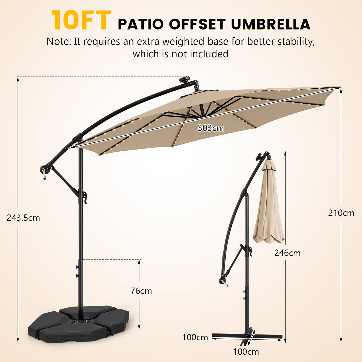 303 CM Solar-Powered Patio Offset Umbrella with 112 LED Lights-Beige
