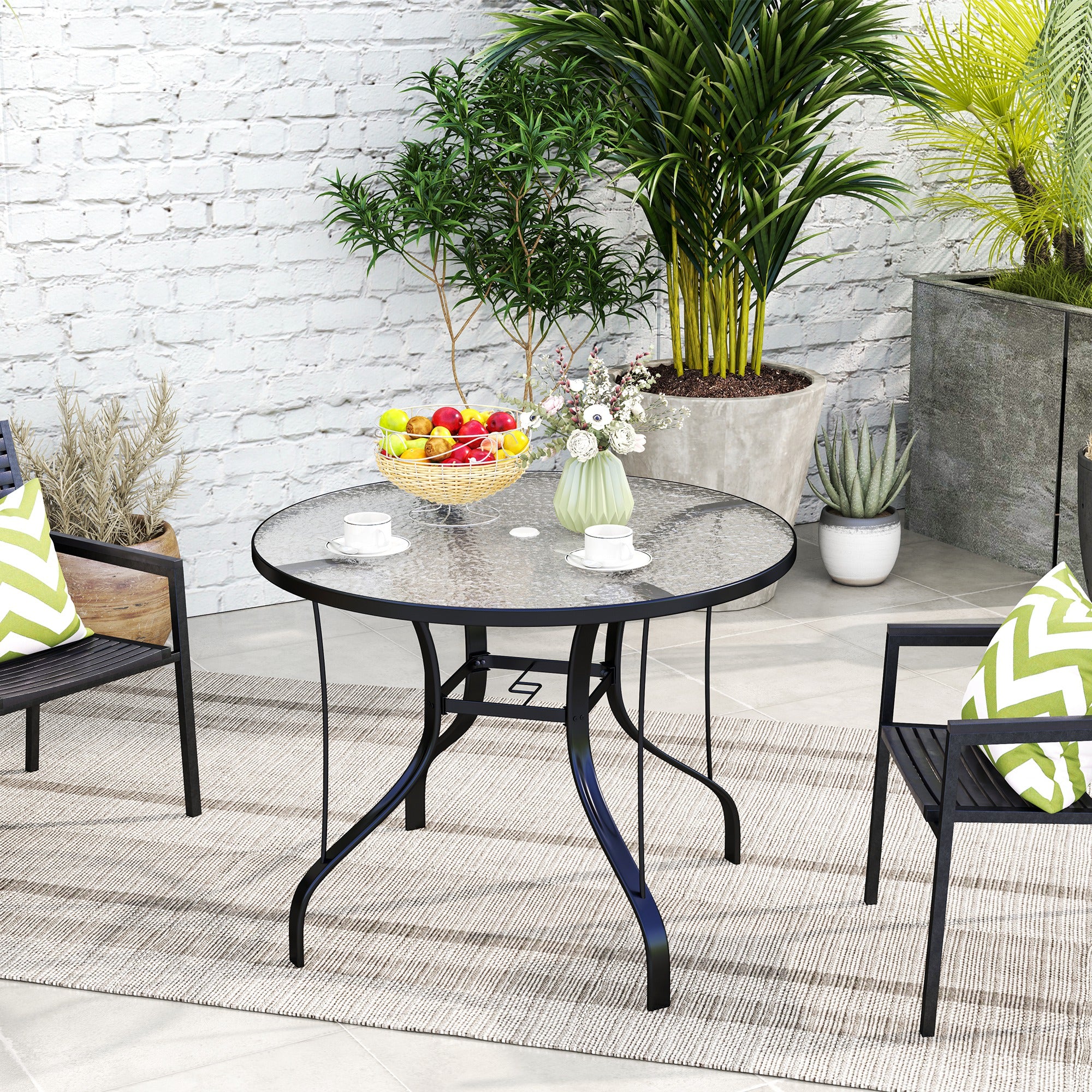 Outsunny Tempered Glass Top Round Outdoor Dining Table with Parasol Ho ...