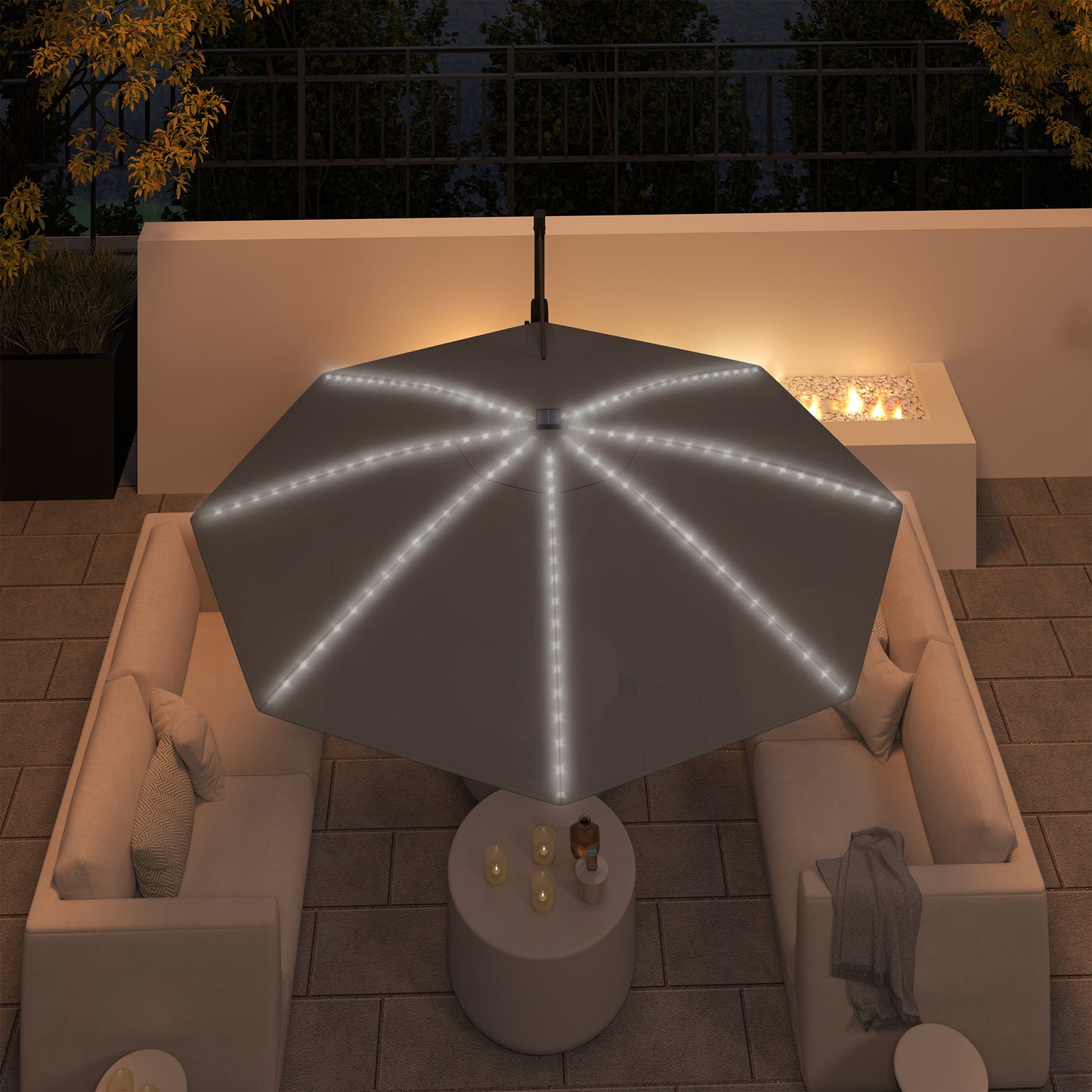 Outsunny 3(m) Cantilever Garden Parasol with Solar Powered Lights, Crank Handle & Cross Base, UPF 50+, 360° Rotation, Dark Grey