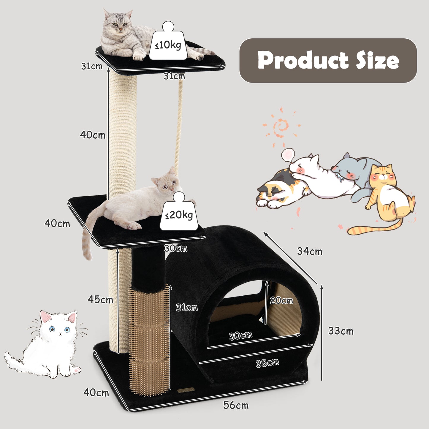 Multi-level Kitty Condo Climbing Tower with Groom Brush and Sisal Rope-Black