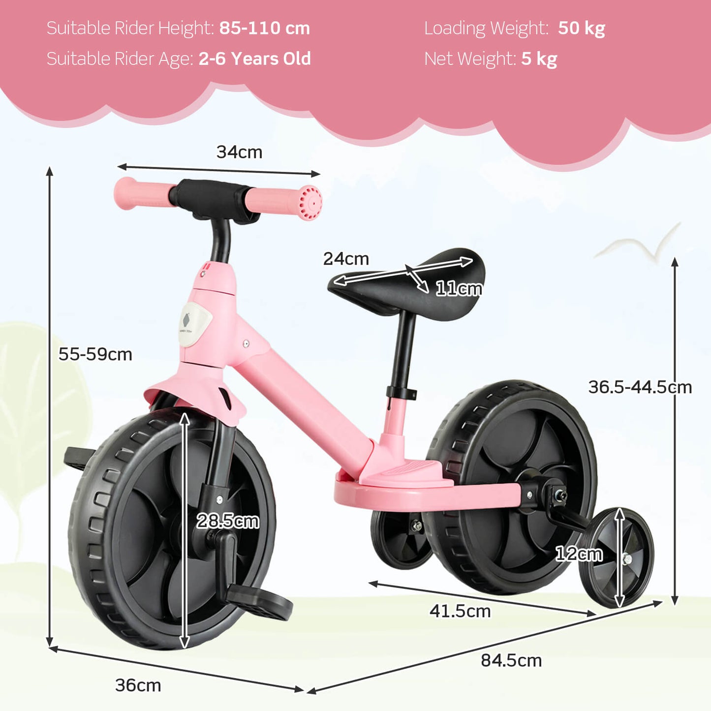4-in-1 Kids Training Balance Bike with Training Wheels-Pink