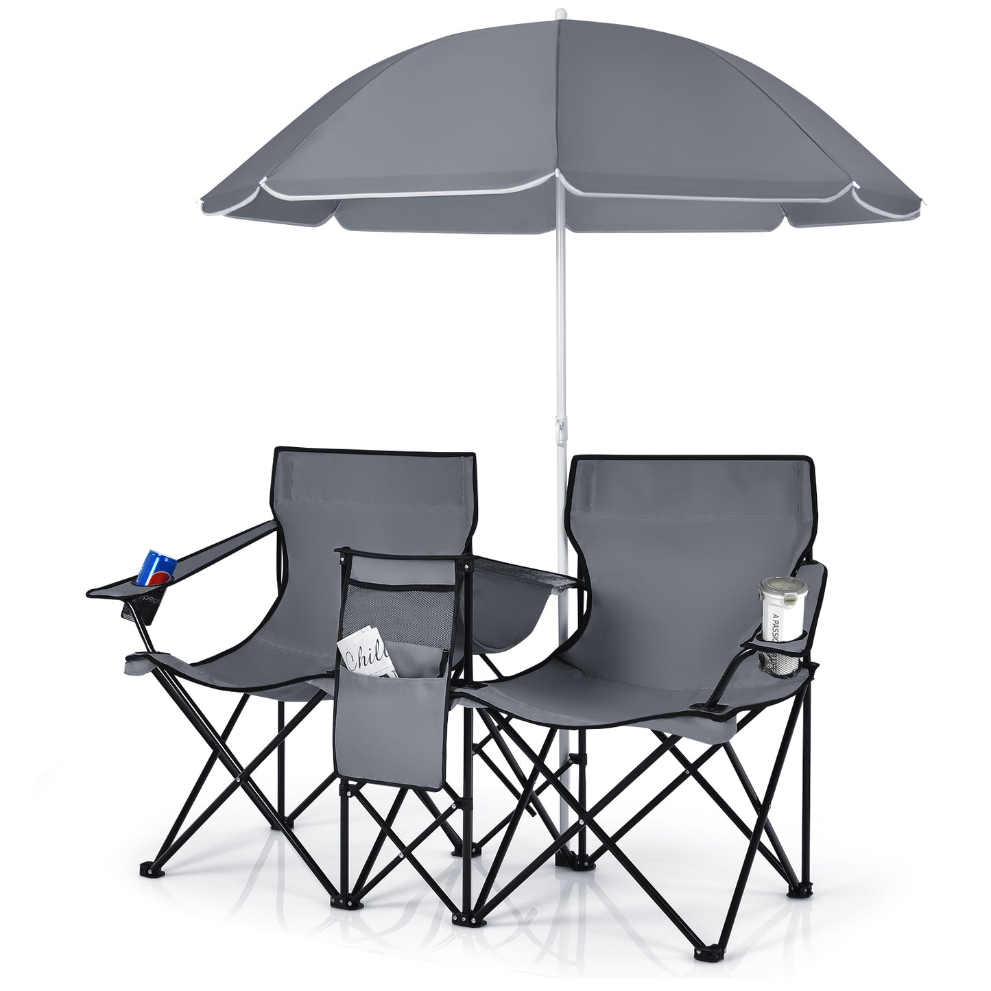 Portable Double Camping Chair with Umbrella and Ice Bag-Grey