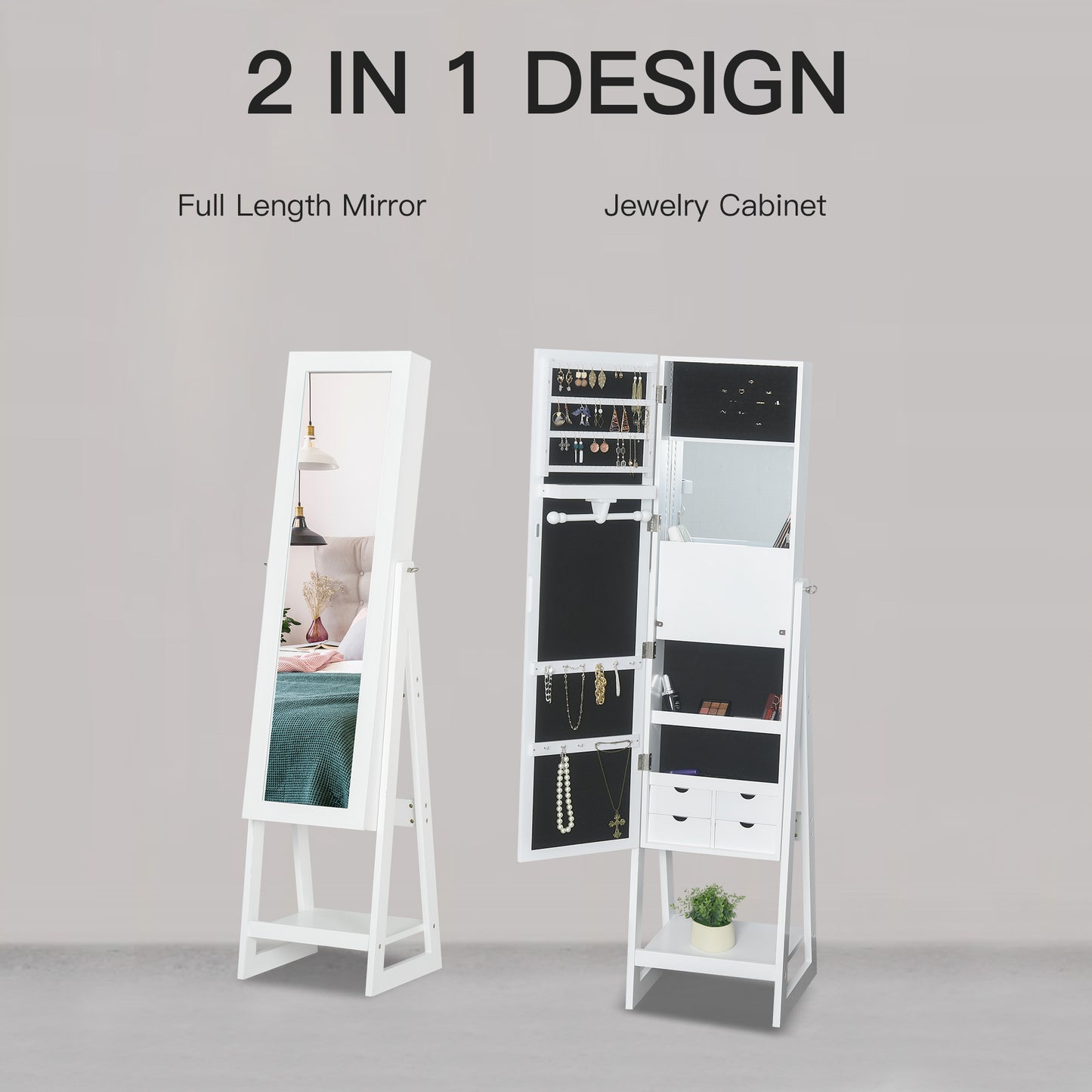 HOMCOM LED Light Jewelry Cabinet Storage Armoire w/ 2 Mirrors Drawers Hooks Shelves Make-Up Vanity Dresser Adjustable Bedroom Home White
