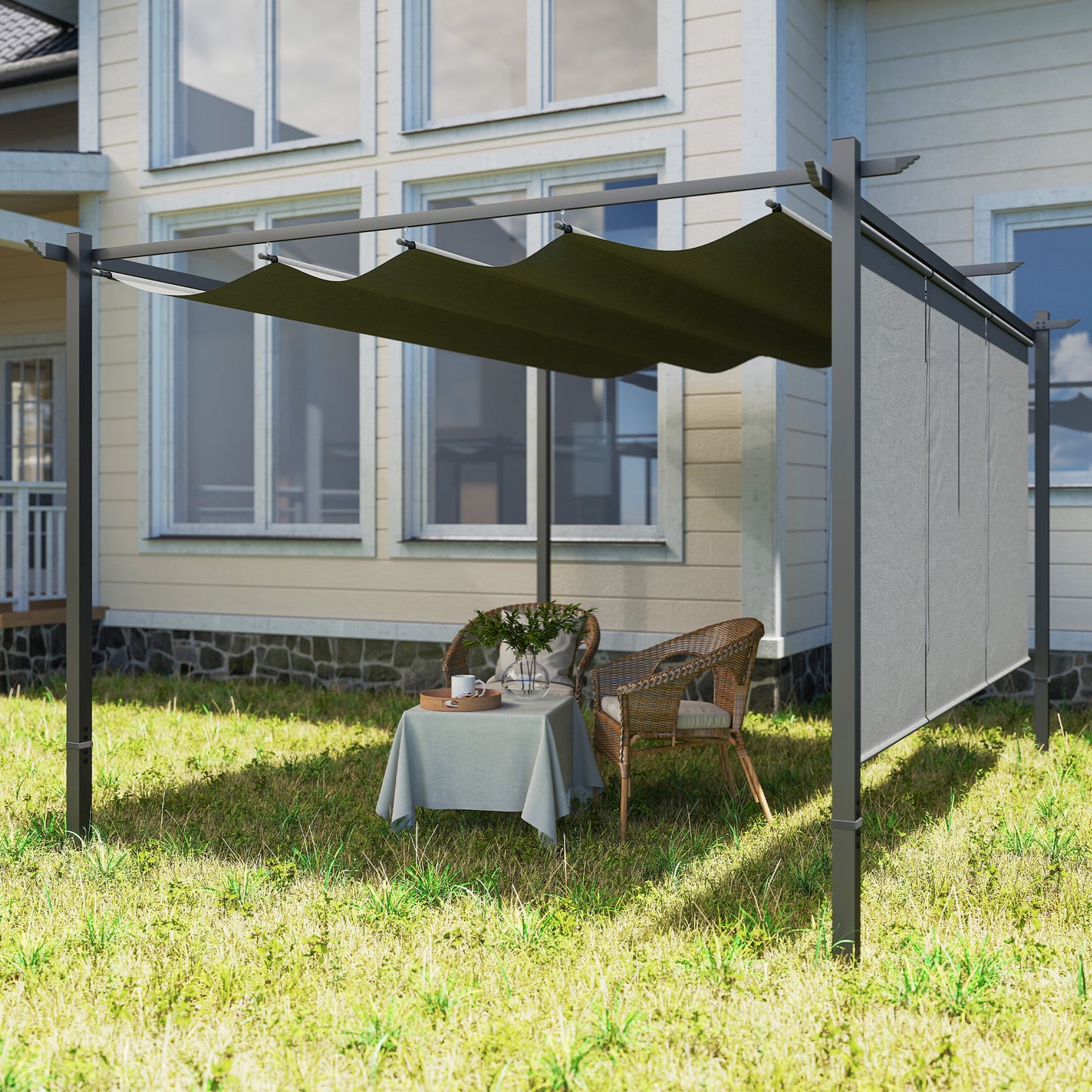 Outsunny 3 x 4m Metal Pergola with Retractable Roof and Roller Shade, Wall-Mounted or Free Standing Garden Gazebo Canopy Pergola Kit, UPF30+ Outdoor Sun Shade Shelter, Grey