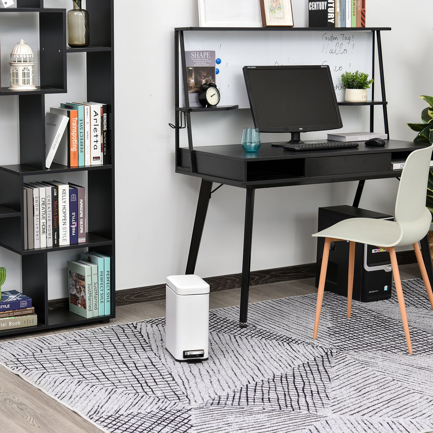 HOMCOM 5L Rectangular Compact Bin Steel Body Removable Bucket Quiet-Close Lid w/ Pedal Lid Rubbish Trash Can Garbage Tidy Clean White