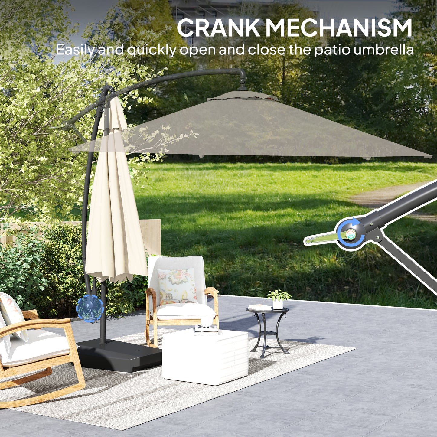 Outsunny 3(m) Garden Cantilever Parasol with Fillable Base up to 90kg, Wind Protection Strap, Cover, Round Banana Hanging Umbrella with Crank Handle and Tilt, UPF50+ Patio Umbrella, Cream
