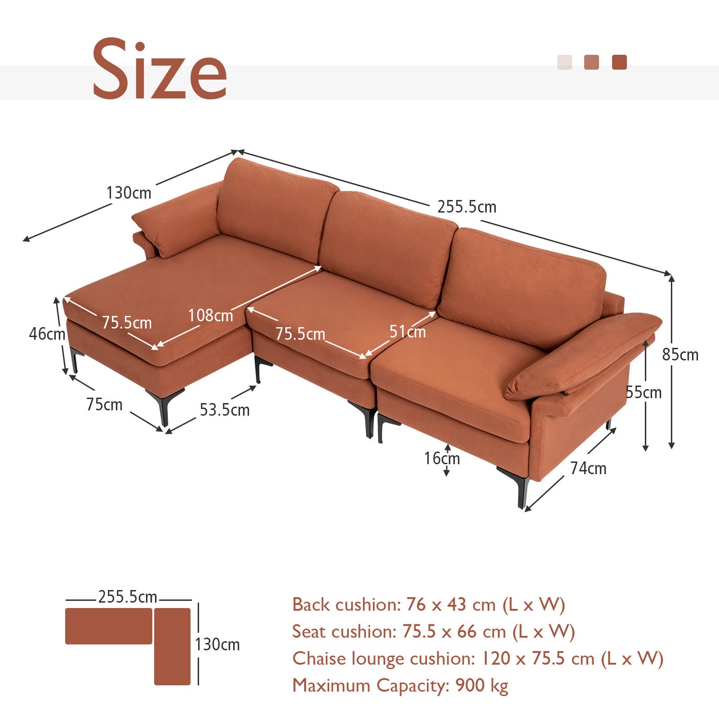 L-shaped 3-Seat Upholstered Sectional Sofa-Red