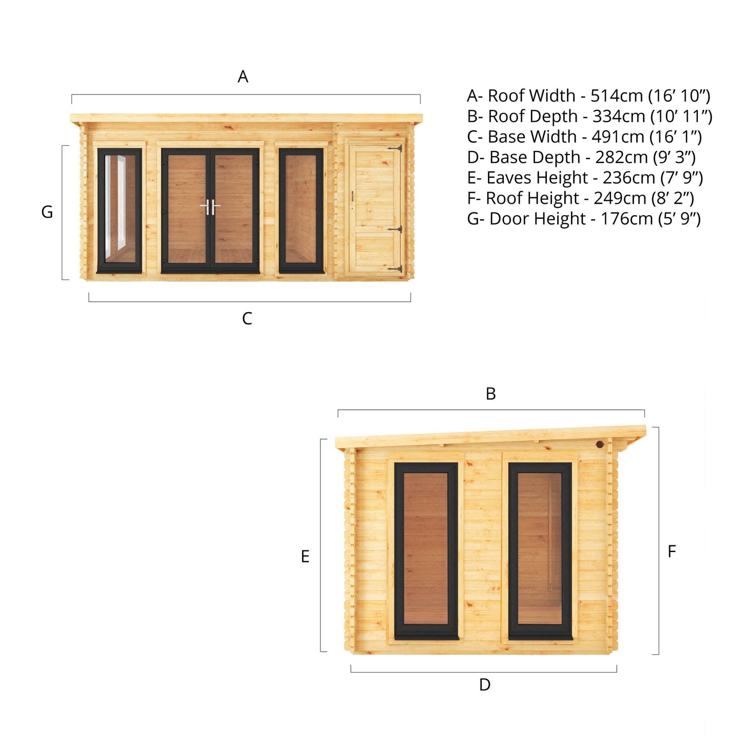 5.1M X 3M Studio Pent Log Cabin With Side Shed - 44Mm (Upvc Windows & Door) - Grey