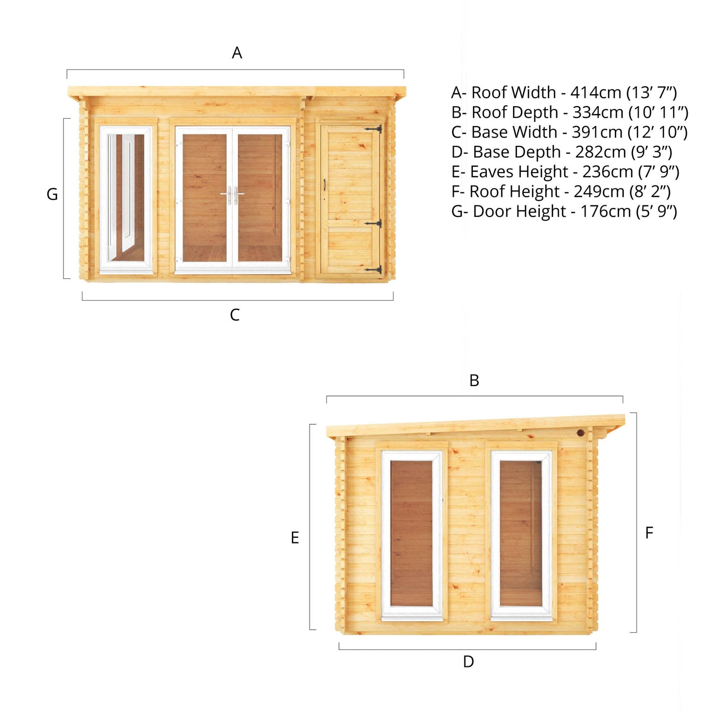 4.1M X 3M Studio Pent Log Cabin With Side Shed - 44Mm (Upvc Windows & Door) - White