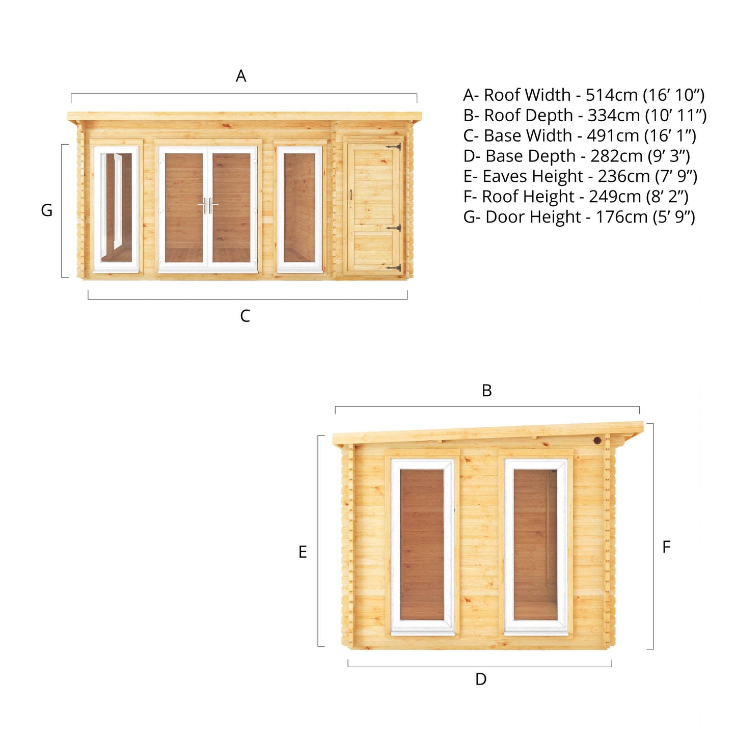 5.1M X 3M Studio Pent Log Cabin With Side Shed - 44Mm (Upvc Windows & Door) - White