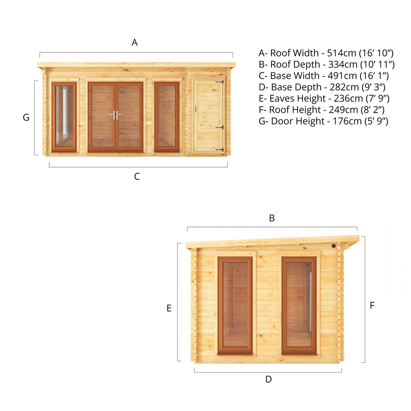 5.1M X 3M Studio Pent Log Cabin With Side Shed - 44Mm (Upvc Windows & Door) - Oak