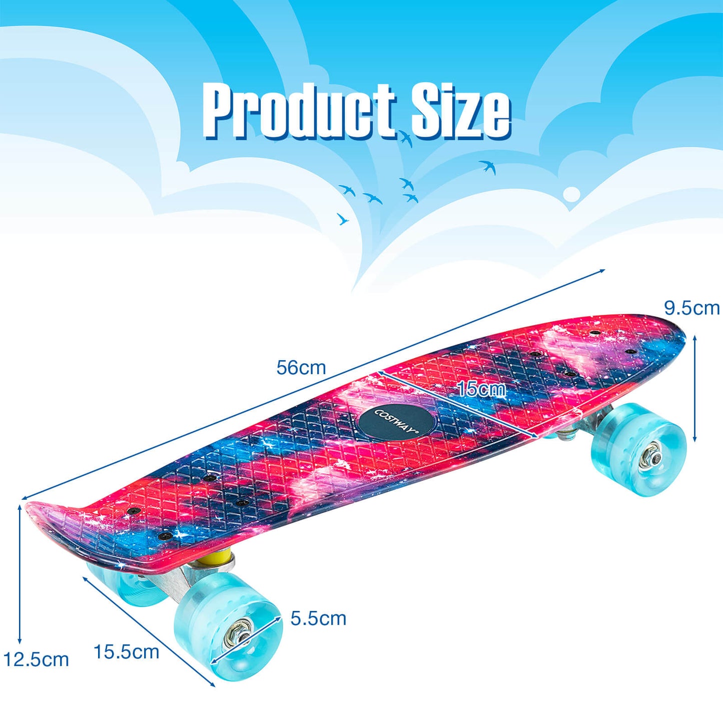22 Inch Mini Skateboard with PU Wheels and Galaxy Pattern-Pink