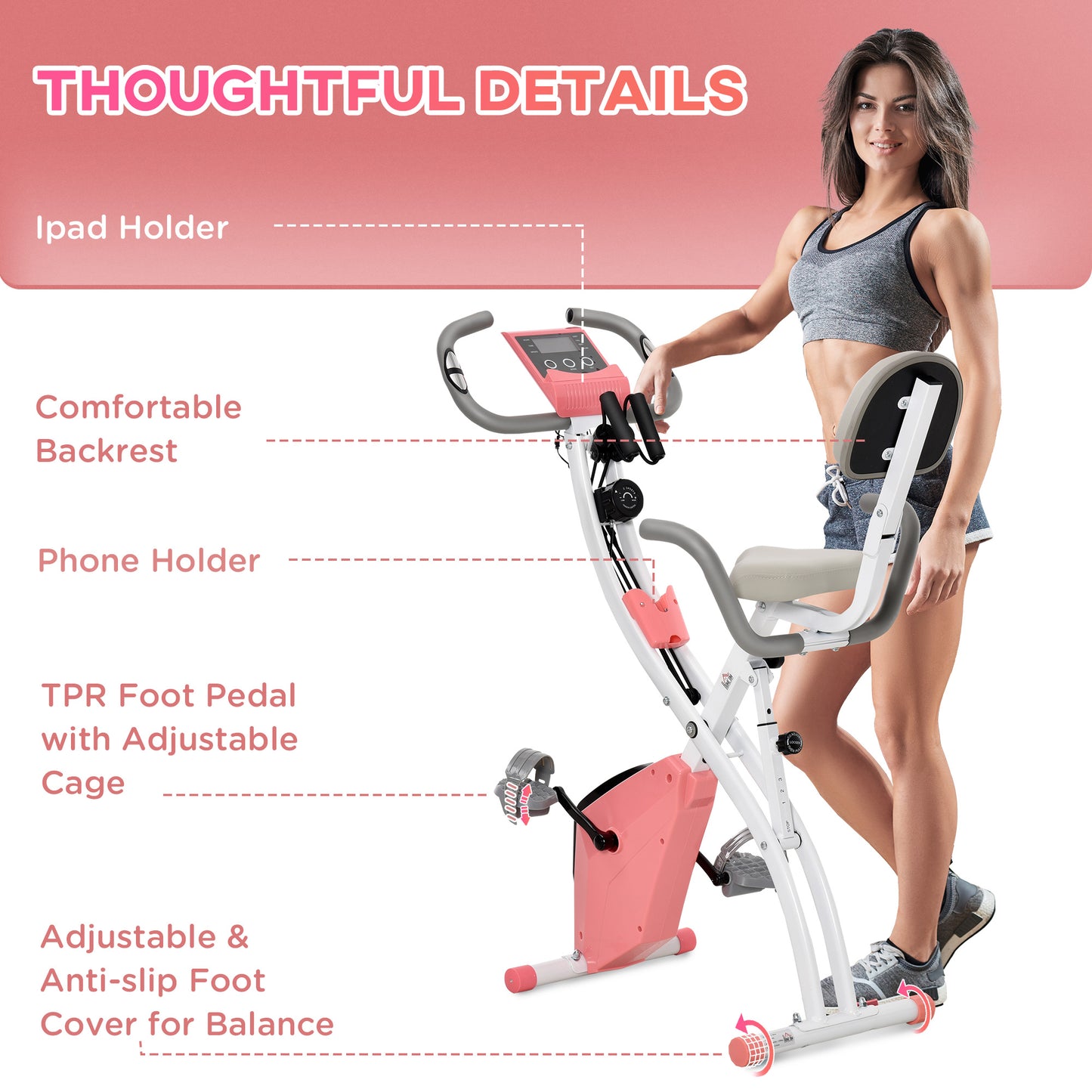 HOMCOM 2-in-1 Upright Exercise Bike Stationary Foldable Magnetic Recumbent Cycling with Arm Resistance Bands Pink