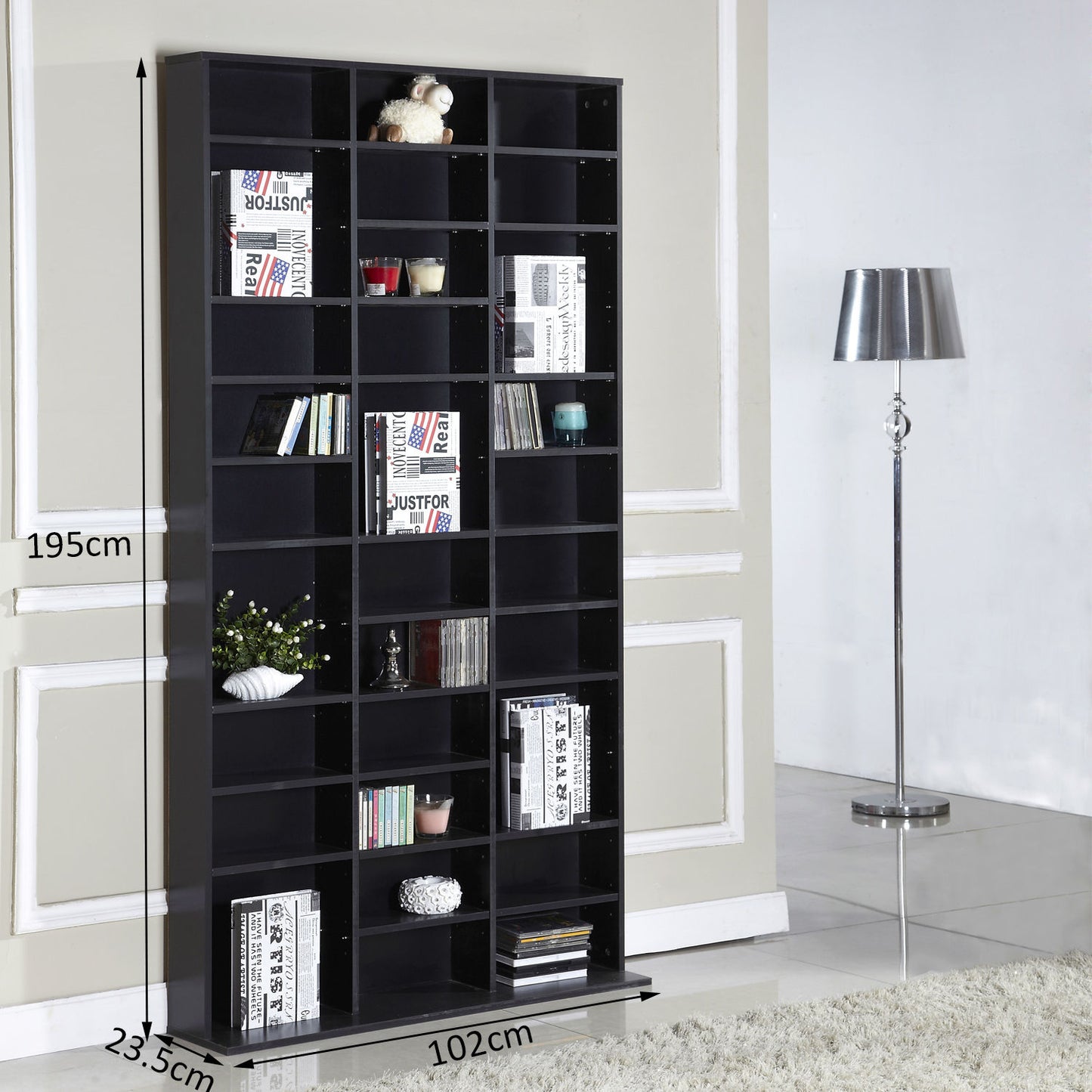 HOMCOM CD / DVD Storage Shelf Storage Unit for 1116 CDs Height-Adjustable Compartments 102 x 24 x 195 cm Black
