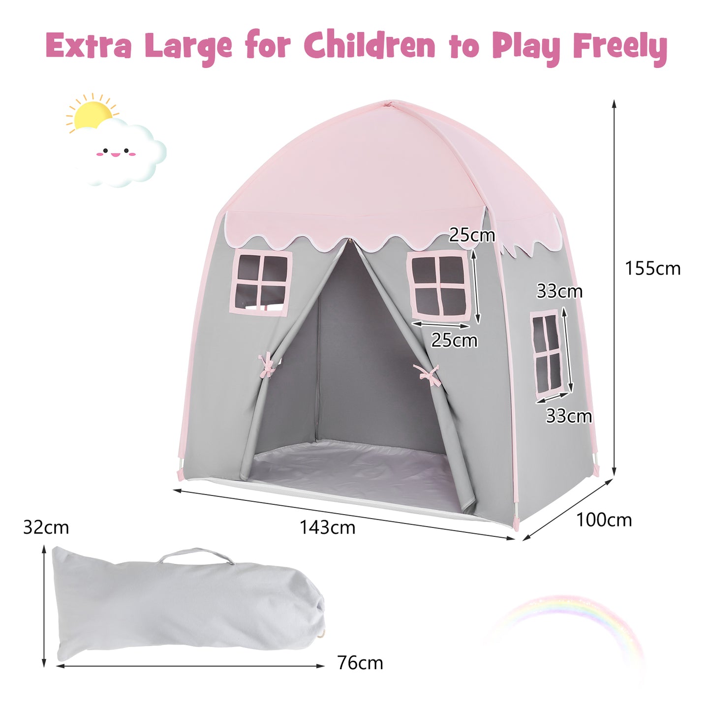 Large Indoor Outdoor Portable Fairy Kids Play Tent with Storage Bag -Pink