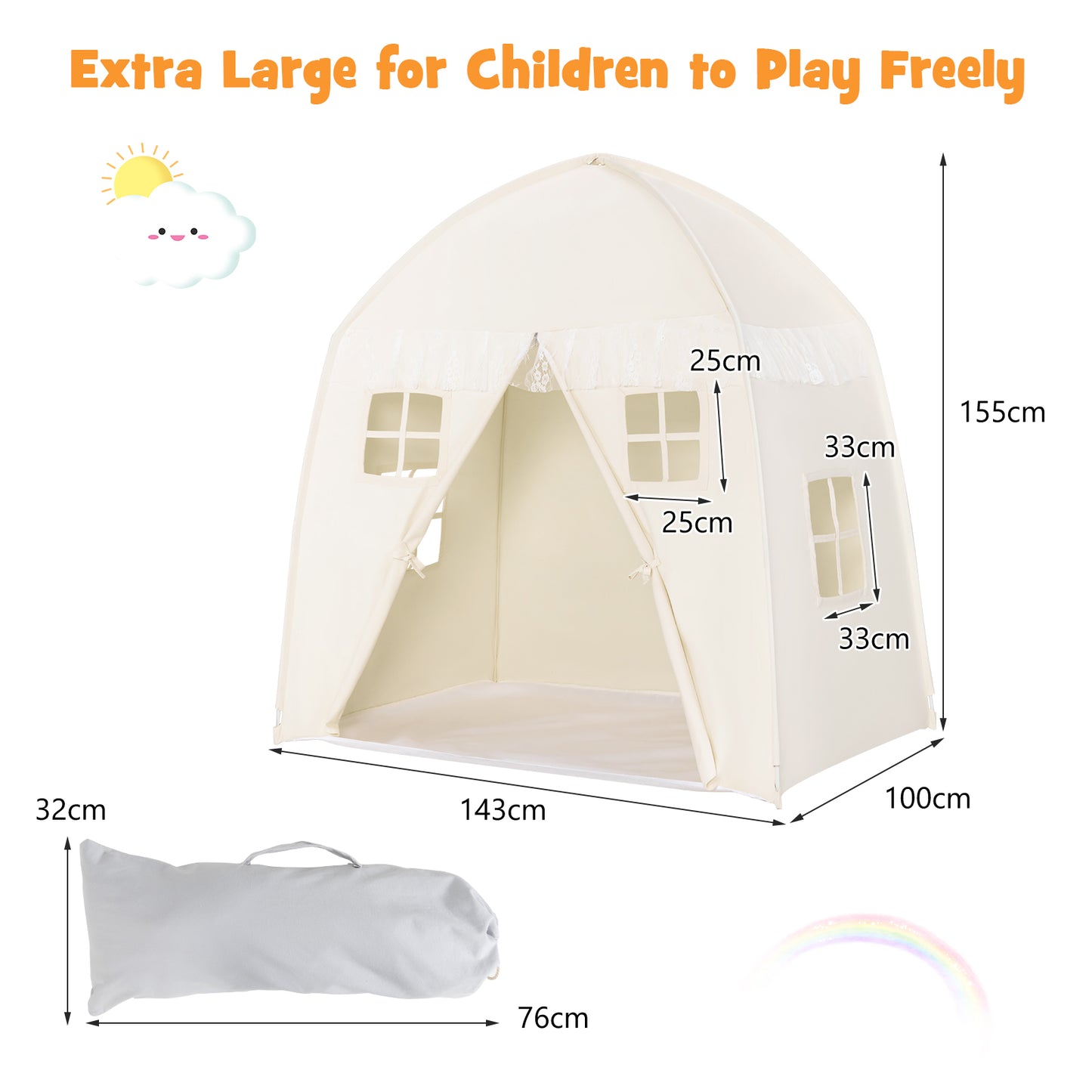 Large Indoor Outdoor Portable Fairy Kids Play Tent with Storage Bag -White