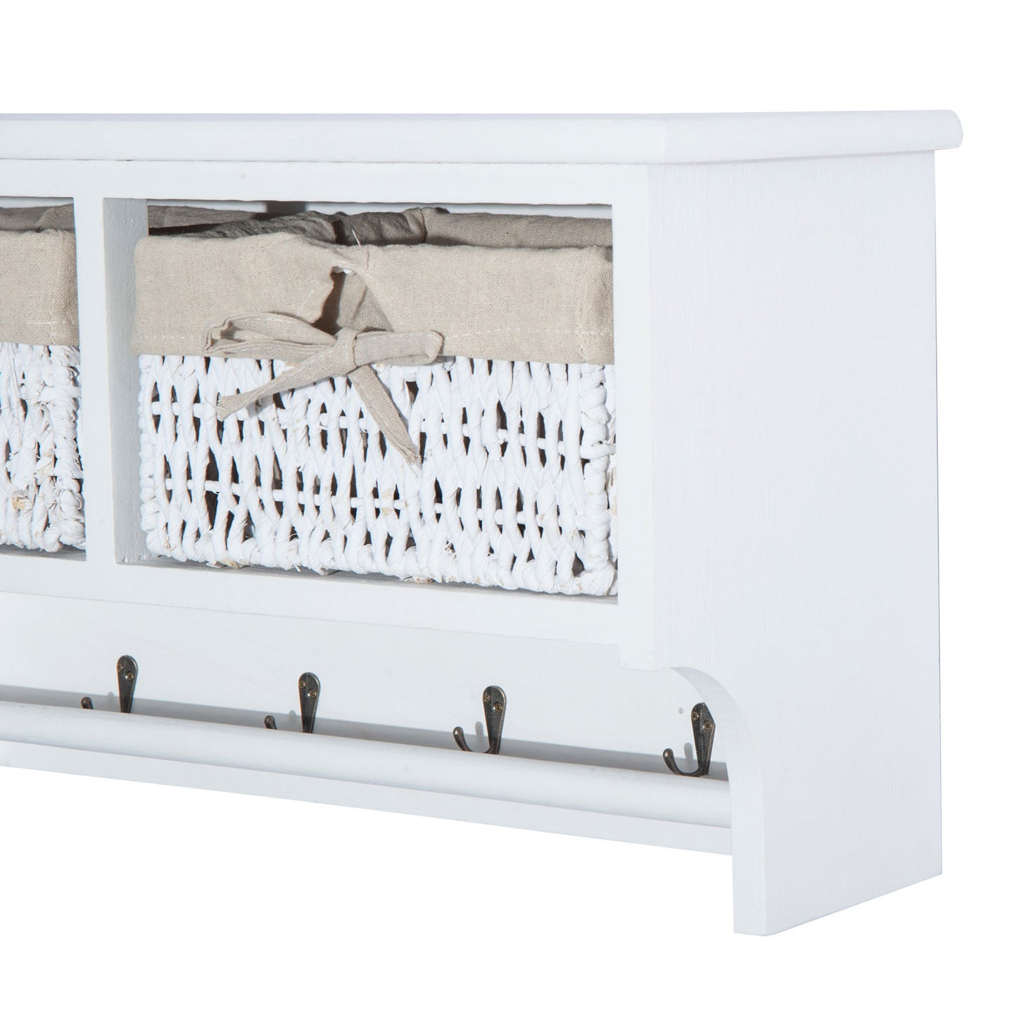 HOMCOM Entryway Coat Rack Wall Mounted Shelf w/Wicker Basket and Hooks (2 Baskets, White)