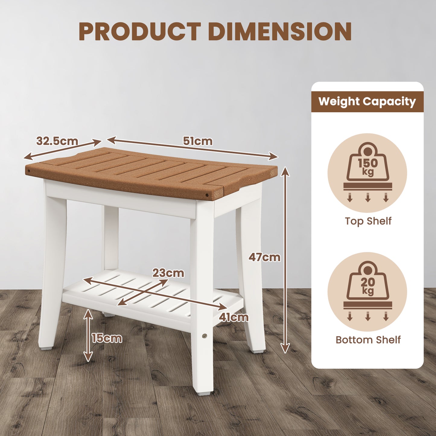 2-Tier Waterproof HDPE Shower Bench with Storage Shelf-Brown