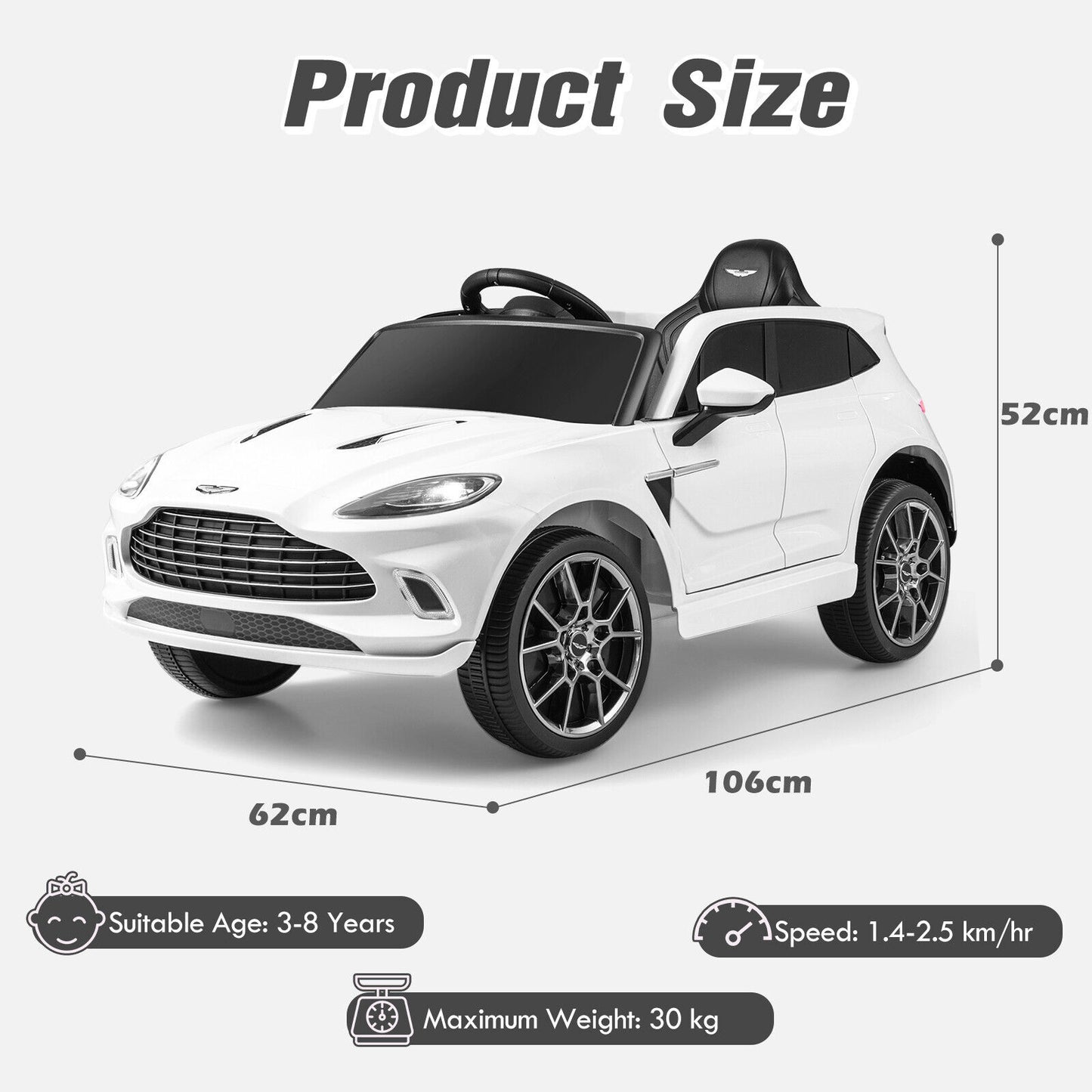 12V Licensed Aston Martin DBX Kids Ride On Car with Dual Lockable Doors-White