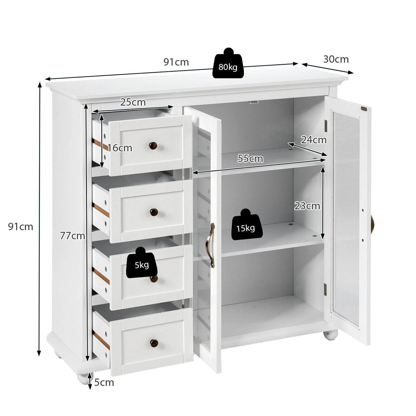 2-Door Wooden Buffet Sideboard with 4 Drawer-White