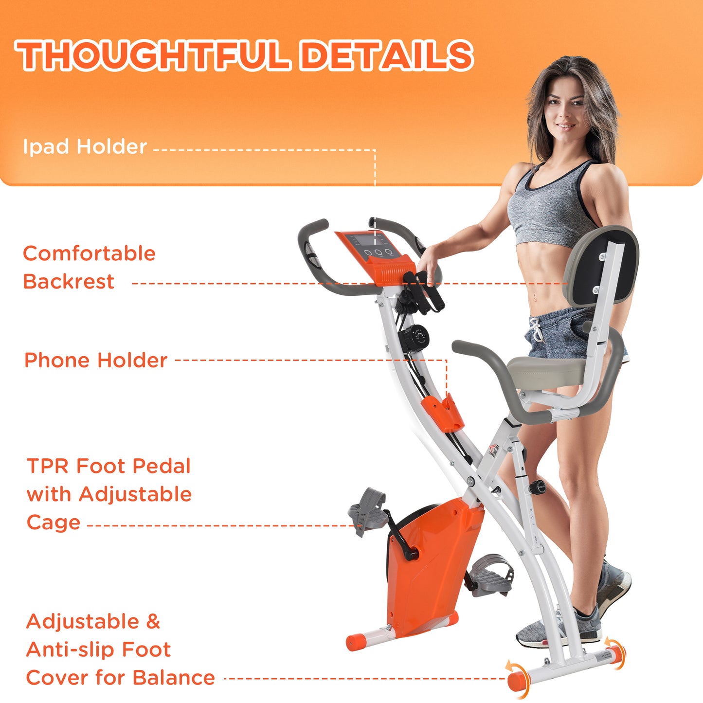 HOMCOM 2-in-1 Upright Exercise Bike Stationary Foldable Magnetic Recumbent Cycling with Arm Resistance Bands Orange