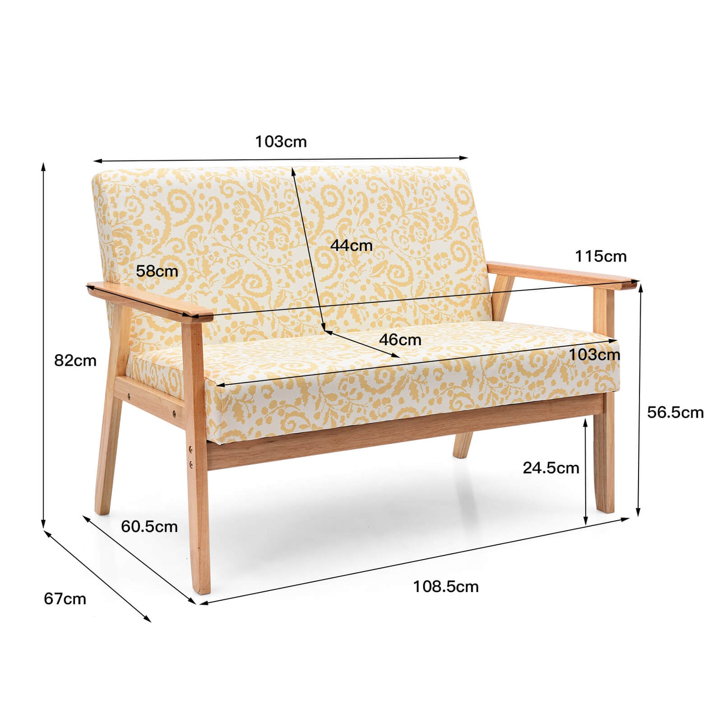 2-Seater Wooden Upholstered Loveseat with Rubber Wood Armrests-Yellow