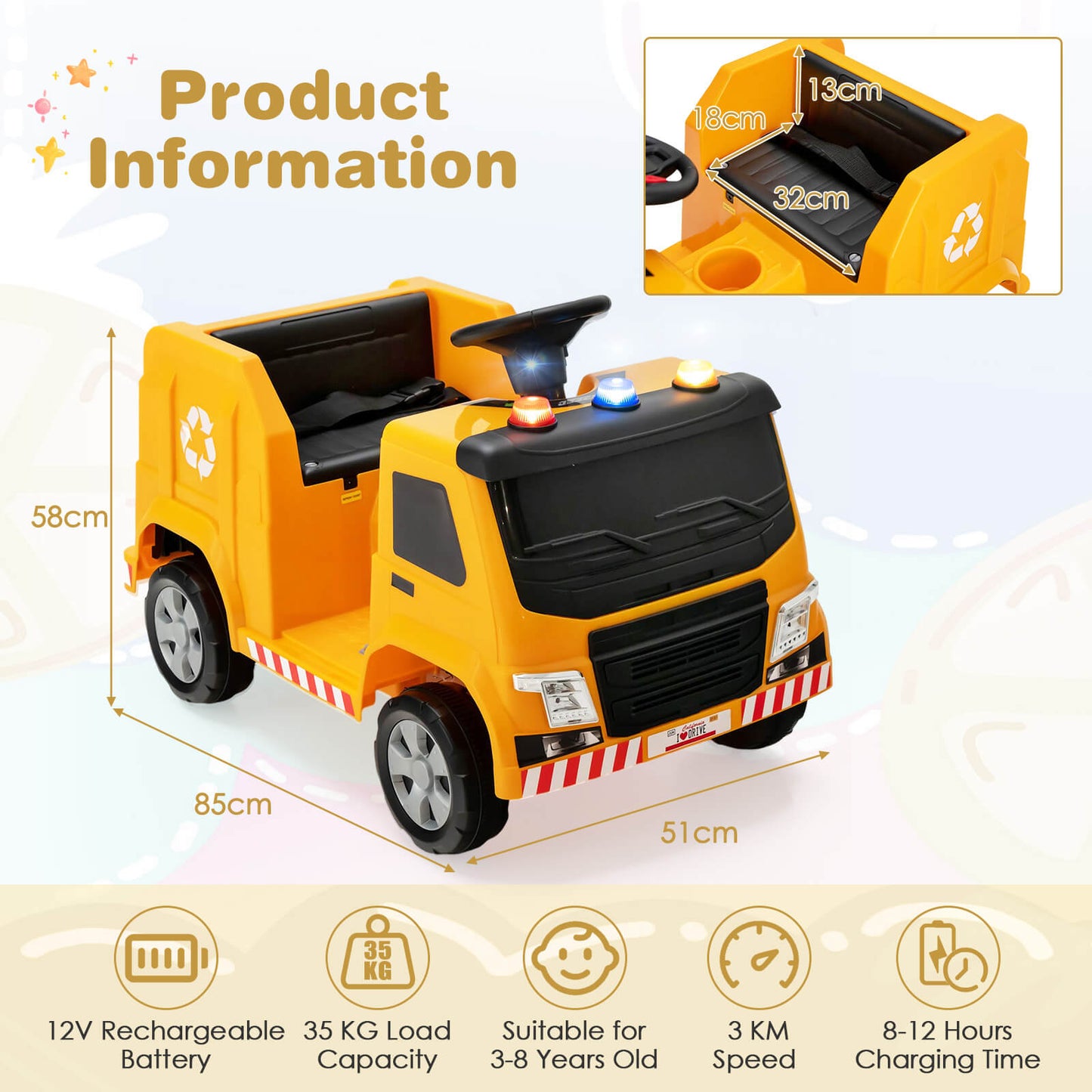 12V Kids Ride-on Garbage Truck with Warning Lights-Yellow