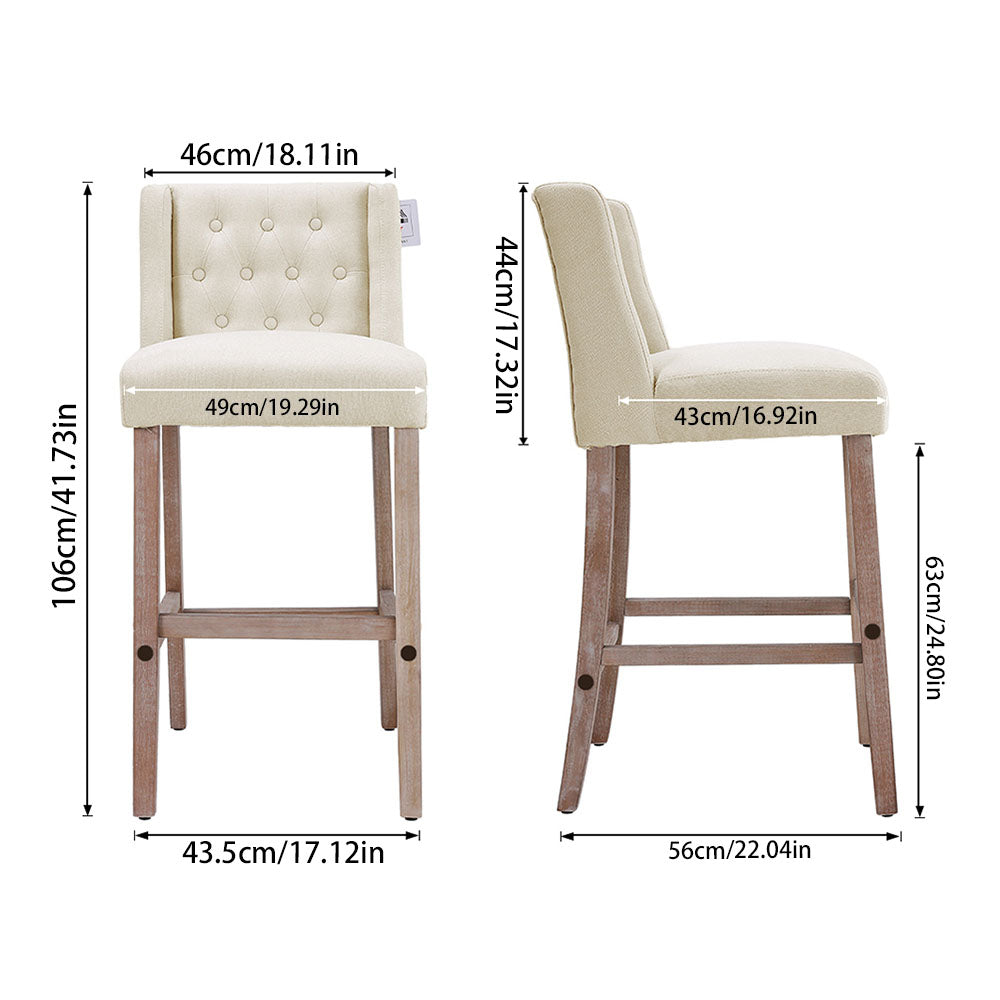 Set of 2 Linen Tufted Bar Stool with Wooden Legs