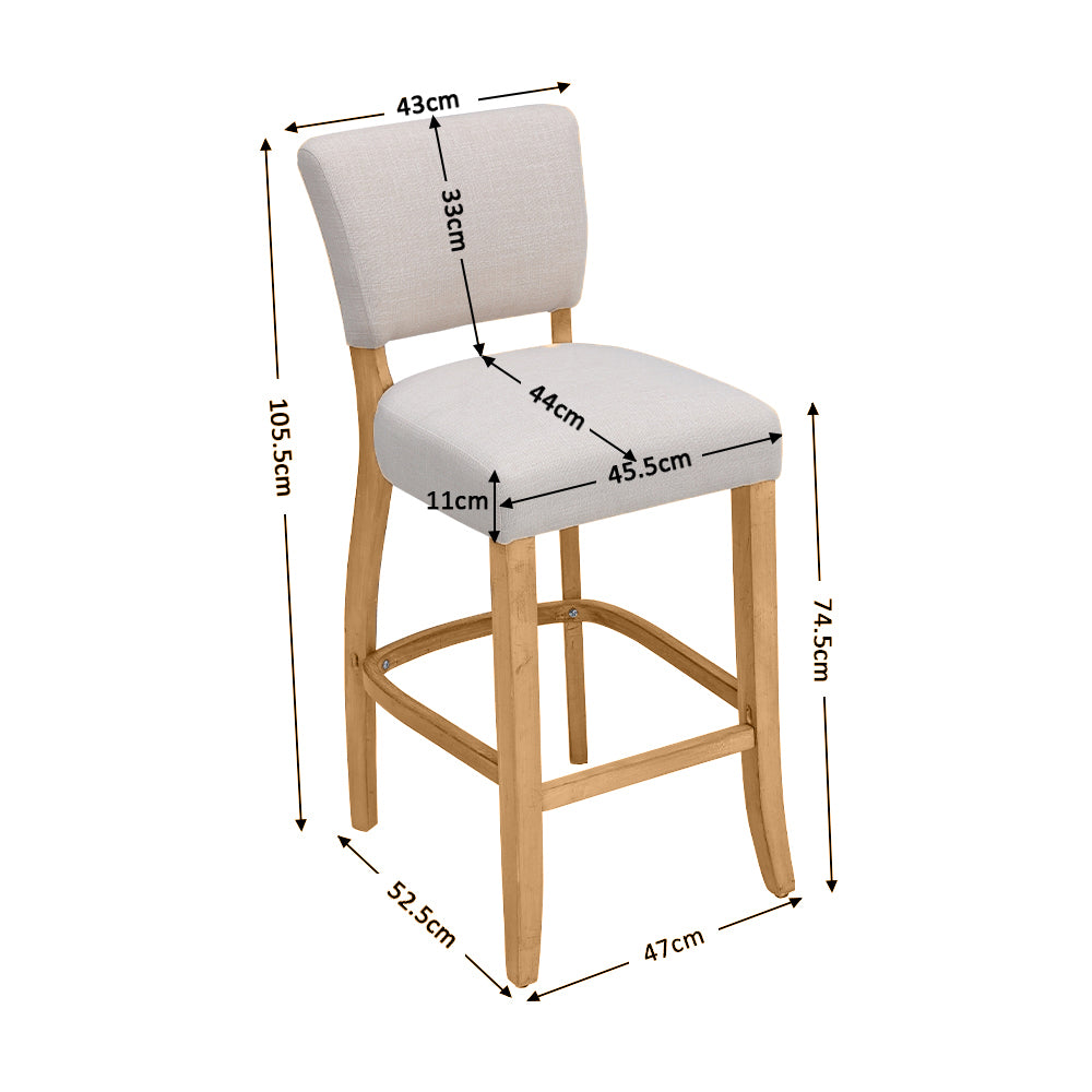 2x Linen Bar Stools Counter Dining Chair With Solid Wood Leg Footrest - Beige White