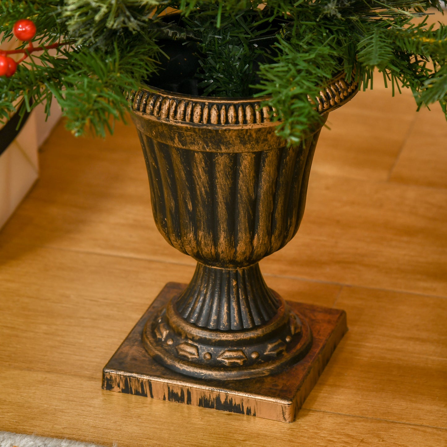 HOMCOM 2 Pieces Set 3 Foot Artificial Christmas Tree with 110 Realistic Branches, Pine Cones, Red Berries, Gold Pot, for Doorway, Porch, Green