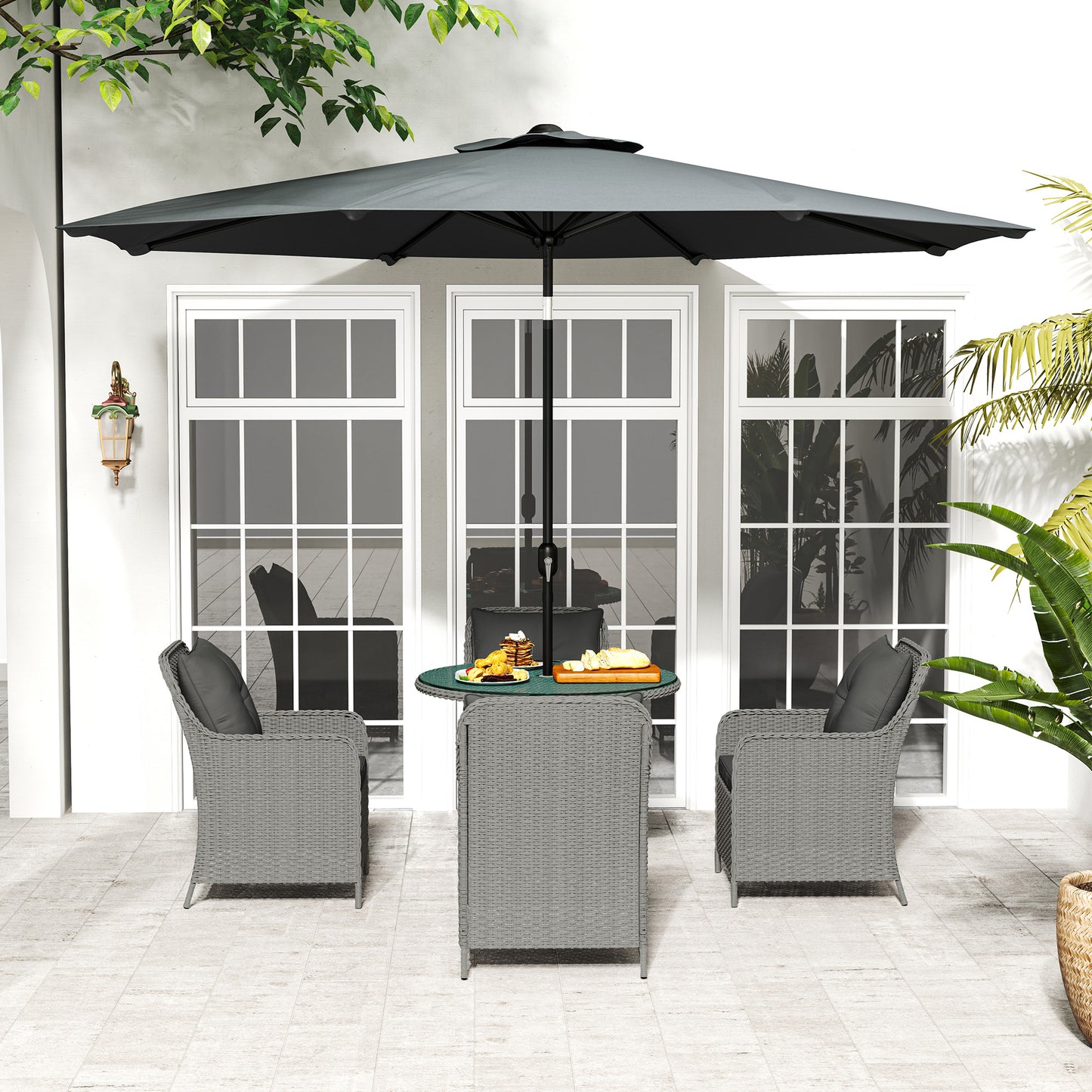 Outsunny 4 Seater Rattan Dining Set with Parasol & Cushions - Light Grey