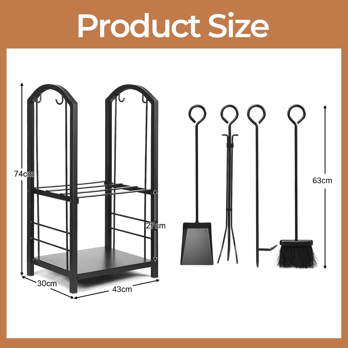 Firewood Log Rack with 4 Pieces Fireplace Tools-Black