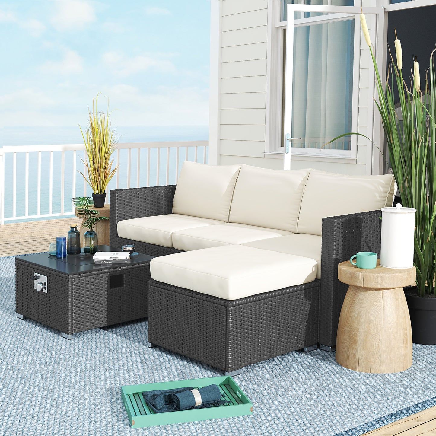 Outsunny Five Piece Rattan Garden Furniture Set with Gas Fire Pit Table and Footstool - Black and Cream White