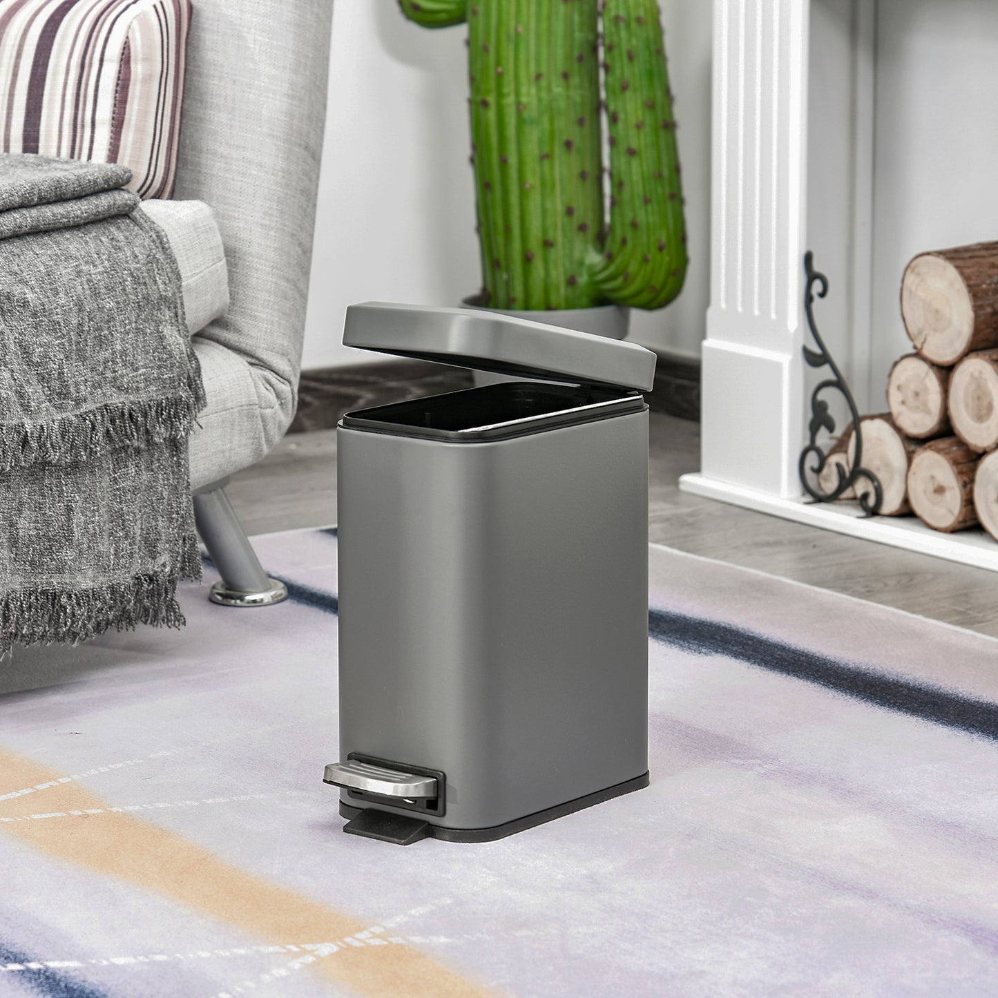 HOMCOM 5L Rectangular Compact Bin, Steel Body, Removable Bucket, Quiet-Close Lid w/ Pedal Lid Rubbish Trash Can Garbage Tidy Clean, Grey