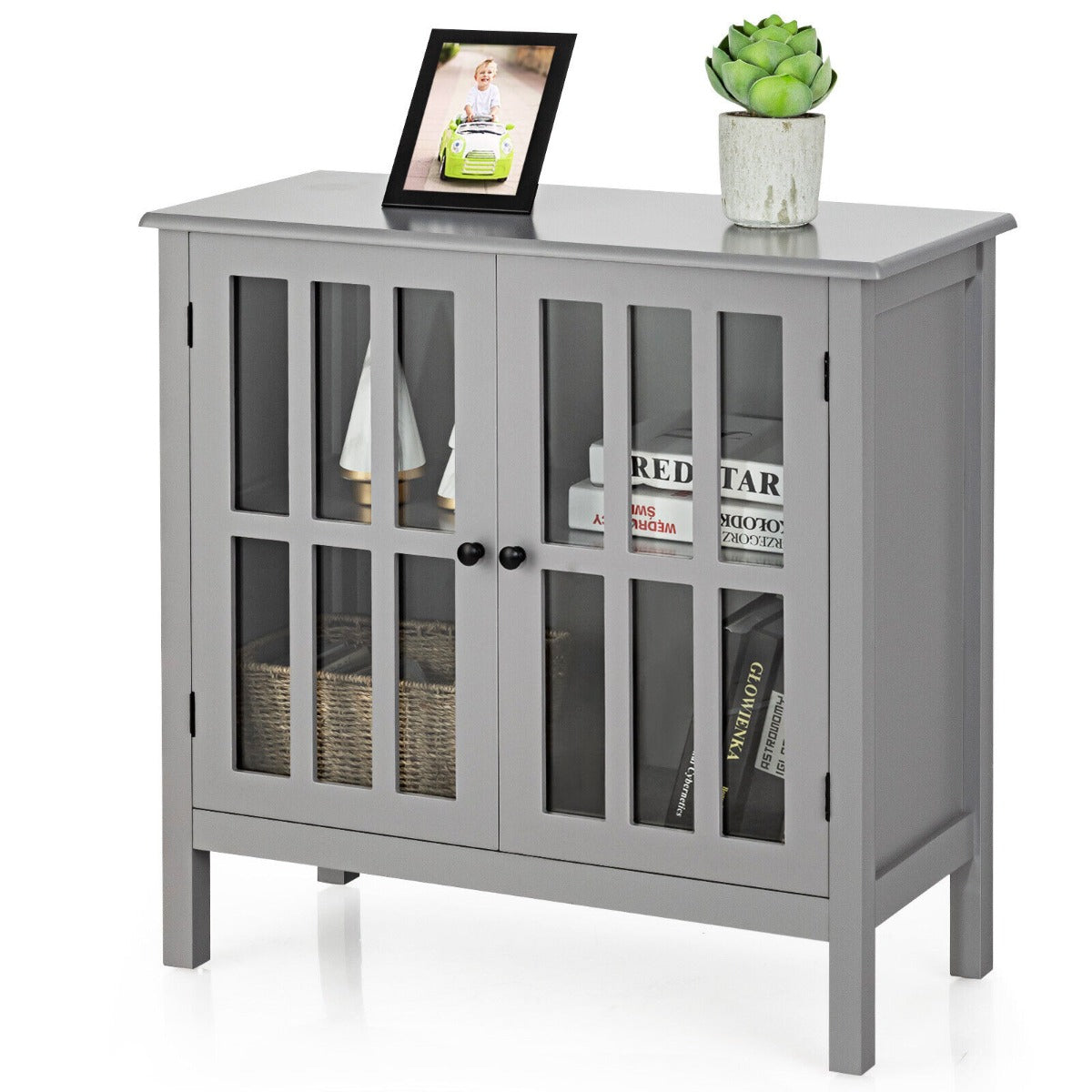 Modern Wooden Storage Cabinet with 2 Tempered Glass Doors-Grey