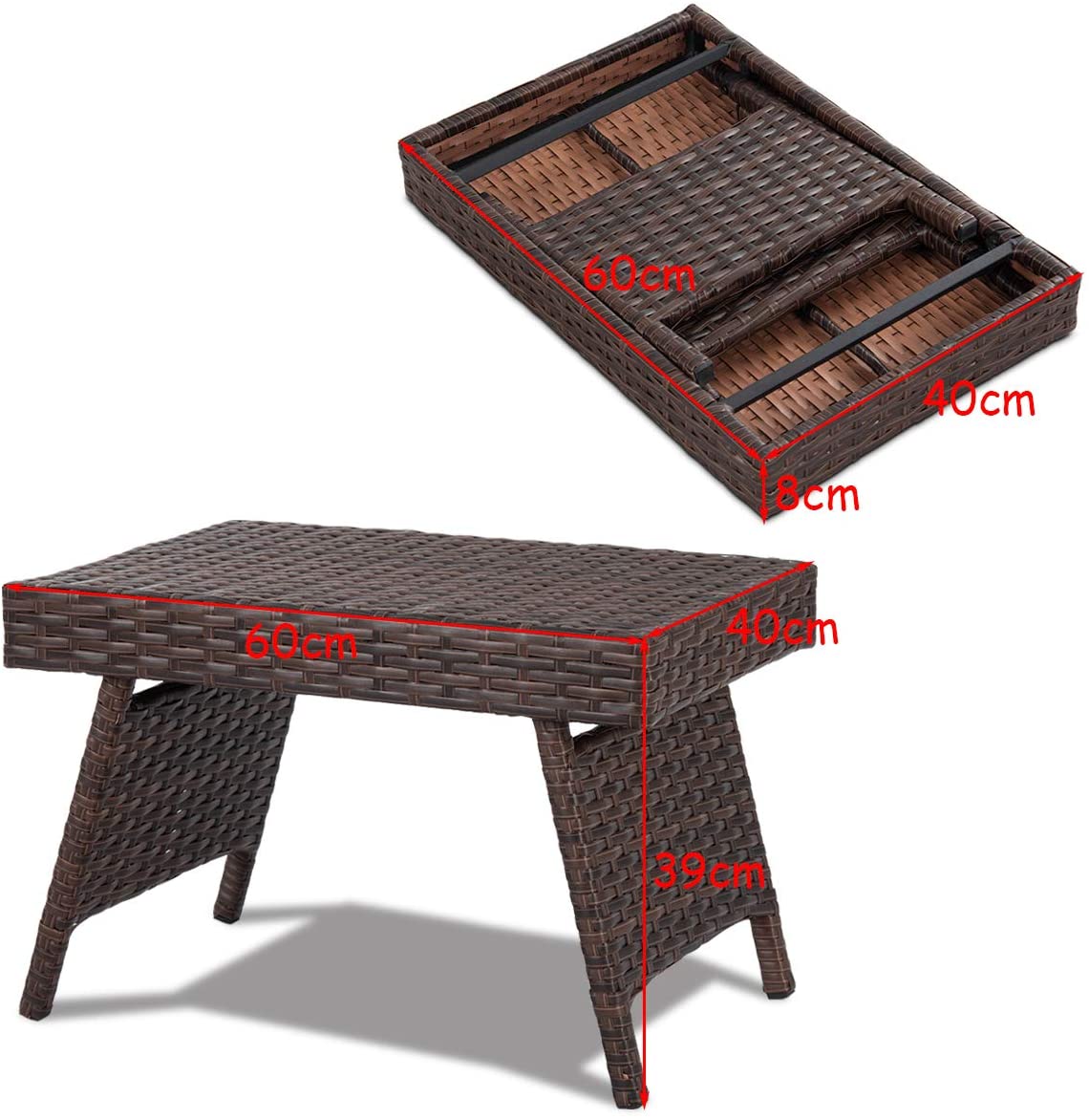 Mix Brown Patio Folding Rattan Side Coffee Table with Steel Frame