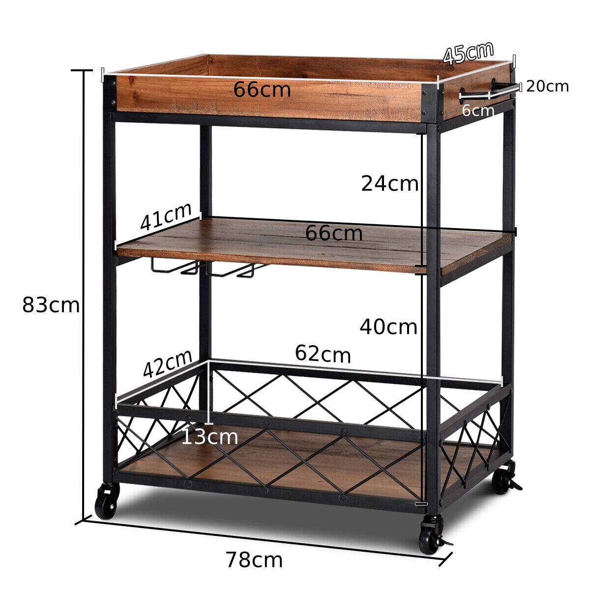 Mobile Kitchen Trolley Cart with Removable Tray and Glass Holder