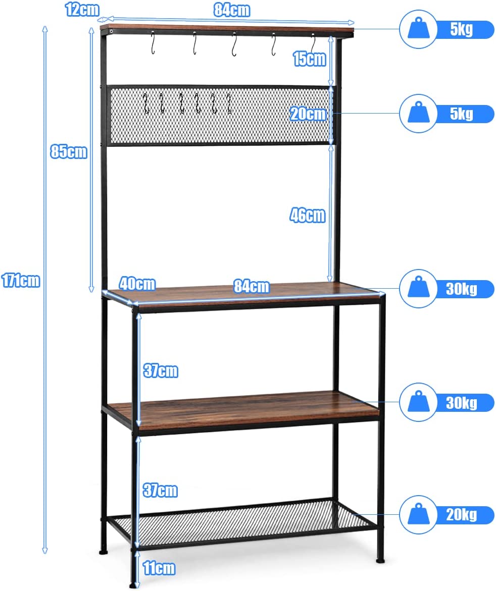 Microwave Oven Stand Organizer with Hooks and Open Shelves
