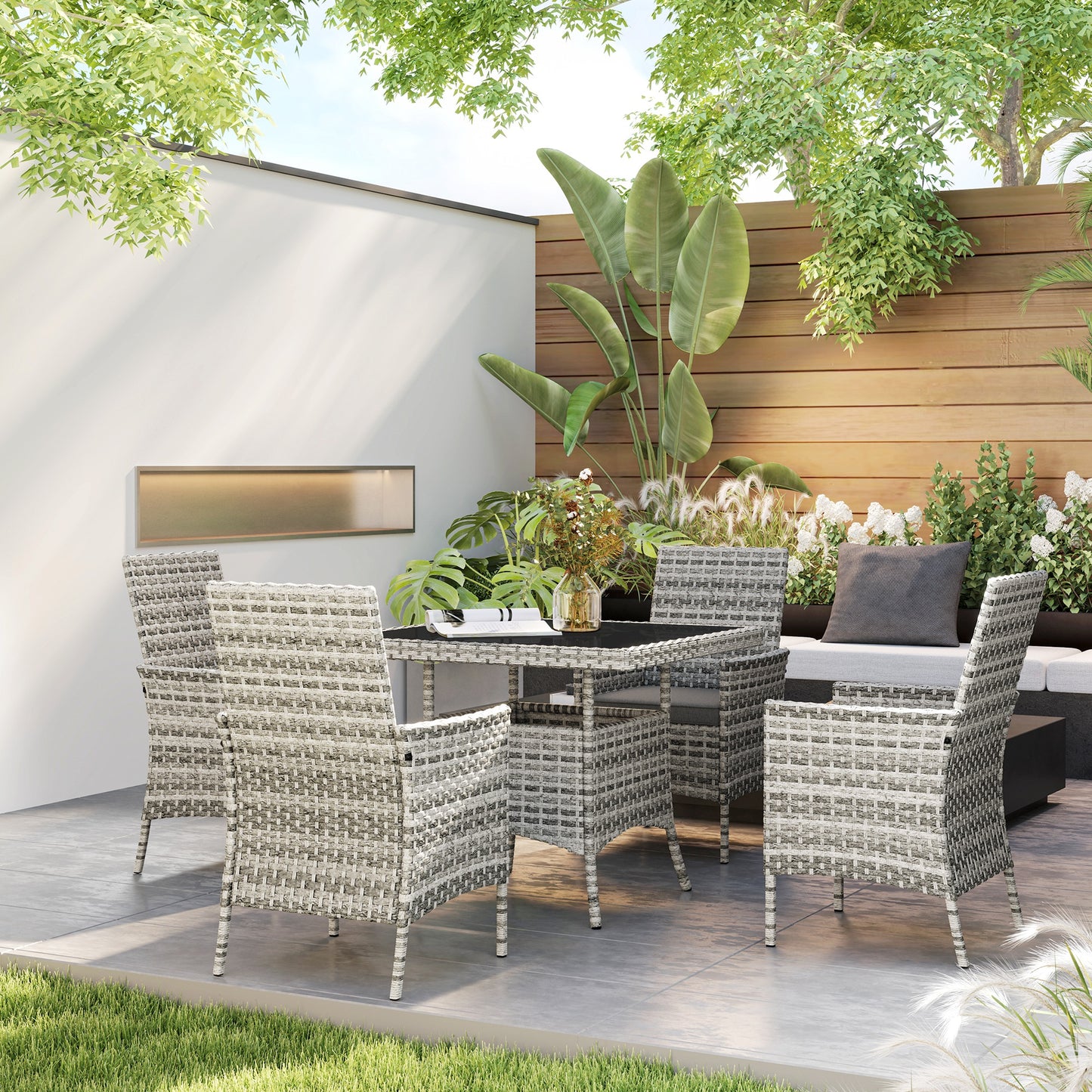 Outsunny Rattan Garden Furniture Set, Outdoor Dining Table and Chairs 4 Seater with Cushions, Square Tempered Glass Top, 4 Armchairs, for Balcony, Terrace, Conservatory, Mixed-Grey
