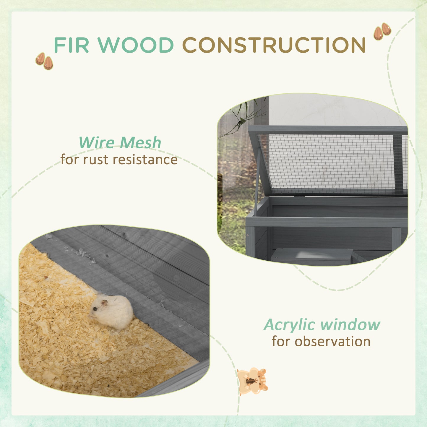 PawHut Wooden Hamster Cage with Sliding Tray, Openable Top, Hut for Syrian Hamster, Grey