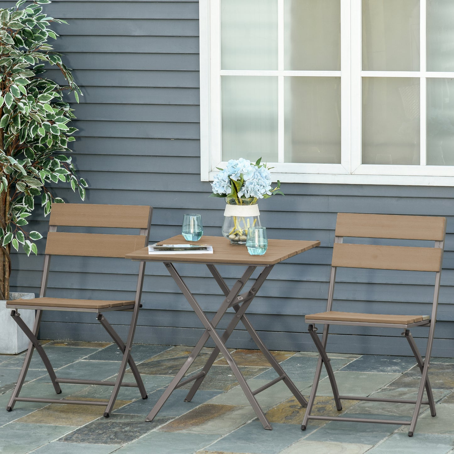 Outsunny 3 Piece Foldable Garden Bistro Set Patio Furniture Set with Table and 2 Chairs for Conservatory Balcony Terrace, Grey